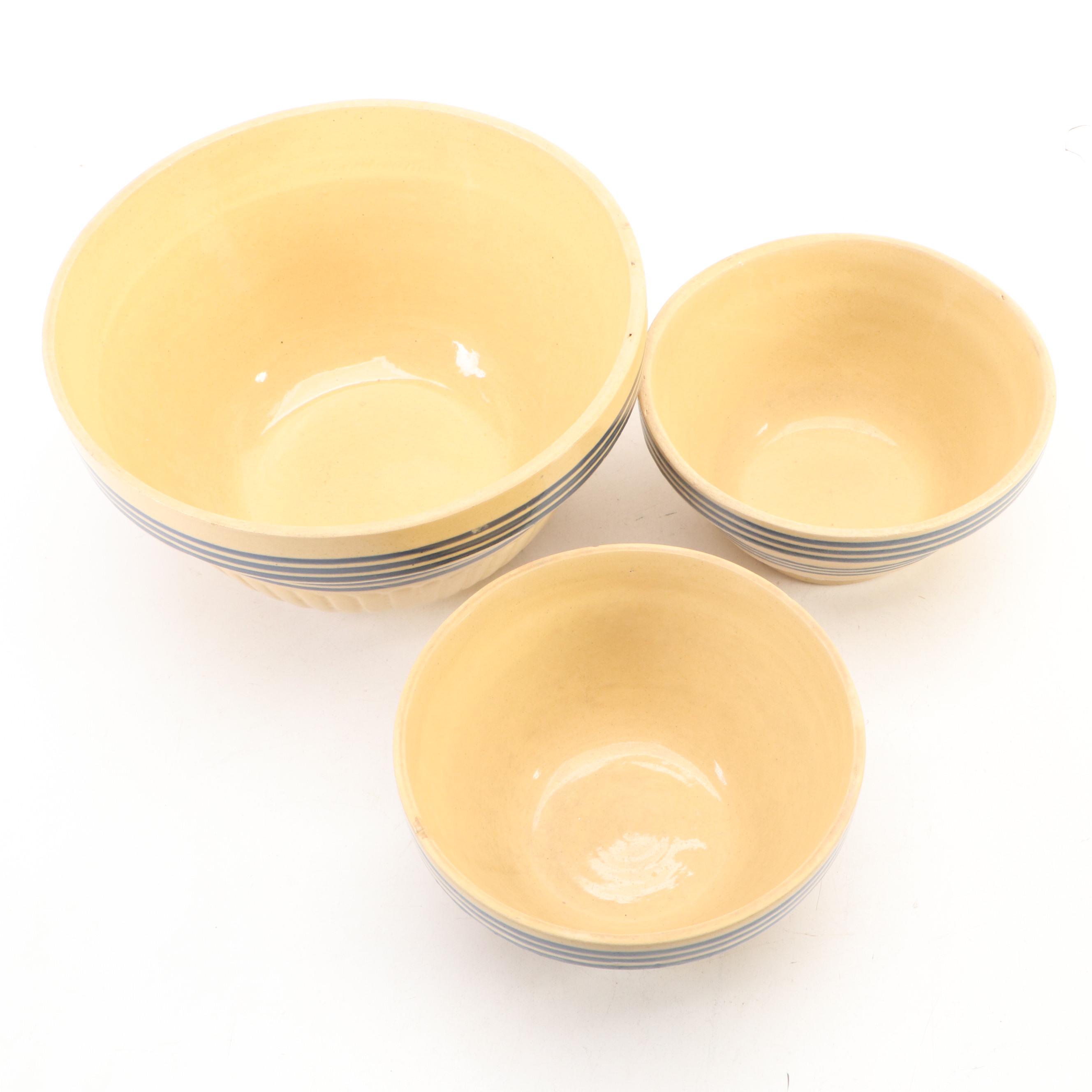 American Yellowware Blue Banded Mixing Bowls, Early to Mid-20th Century