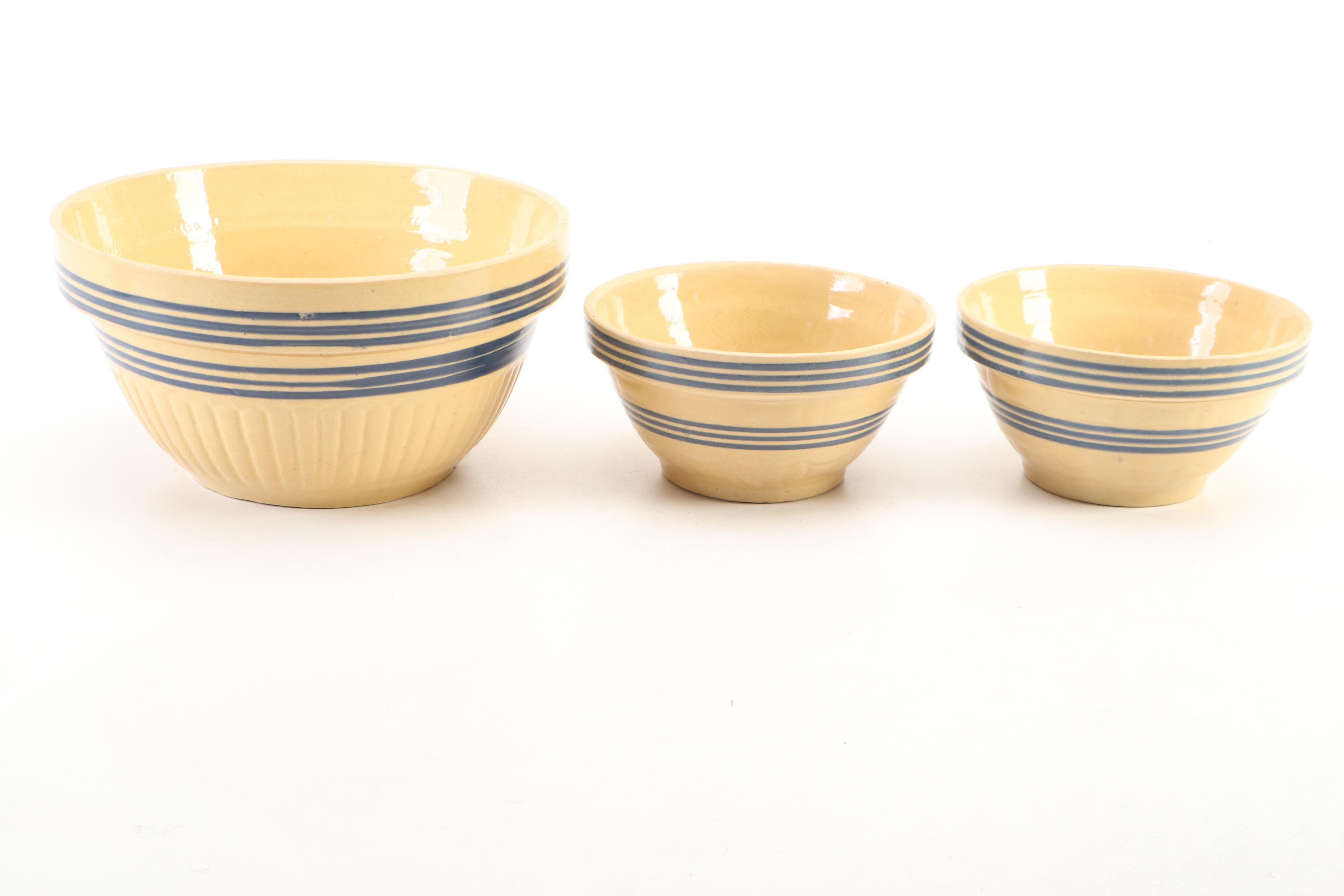 American Yellowware Blue Banded Mixing Bowls, Early to Mid-20th Century