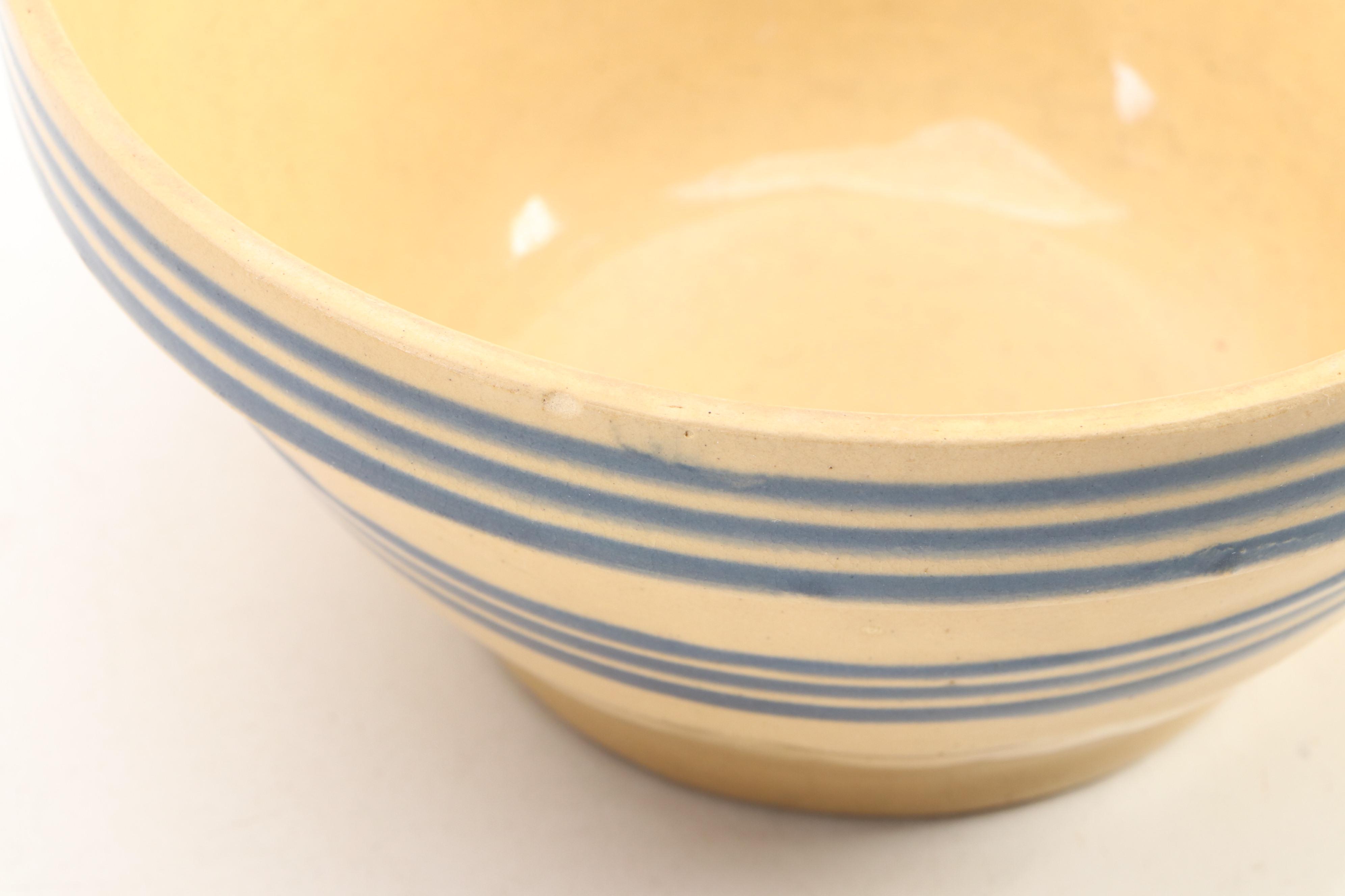 American Yellowware Blue Banded Mixing Bowls, Early to Mid-20th Century