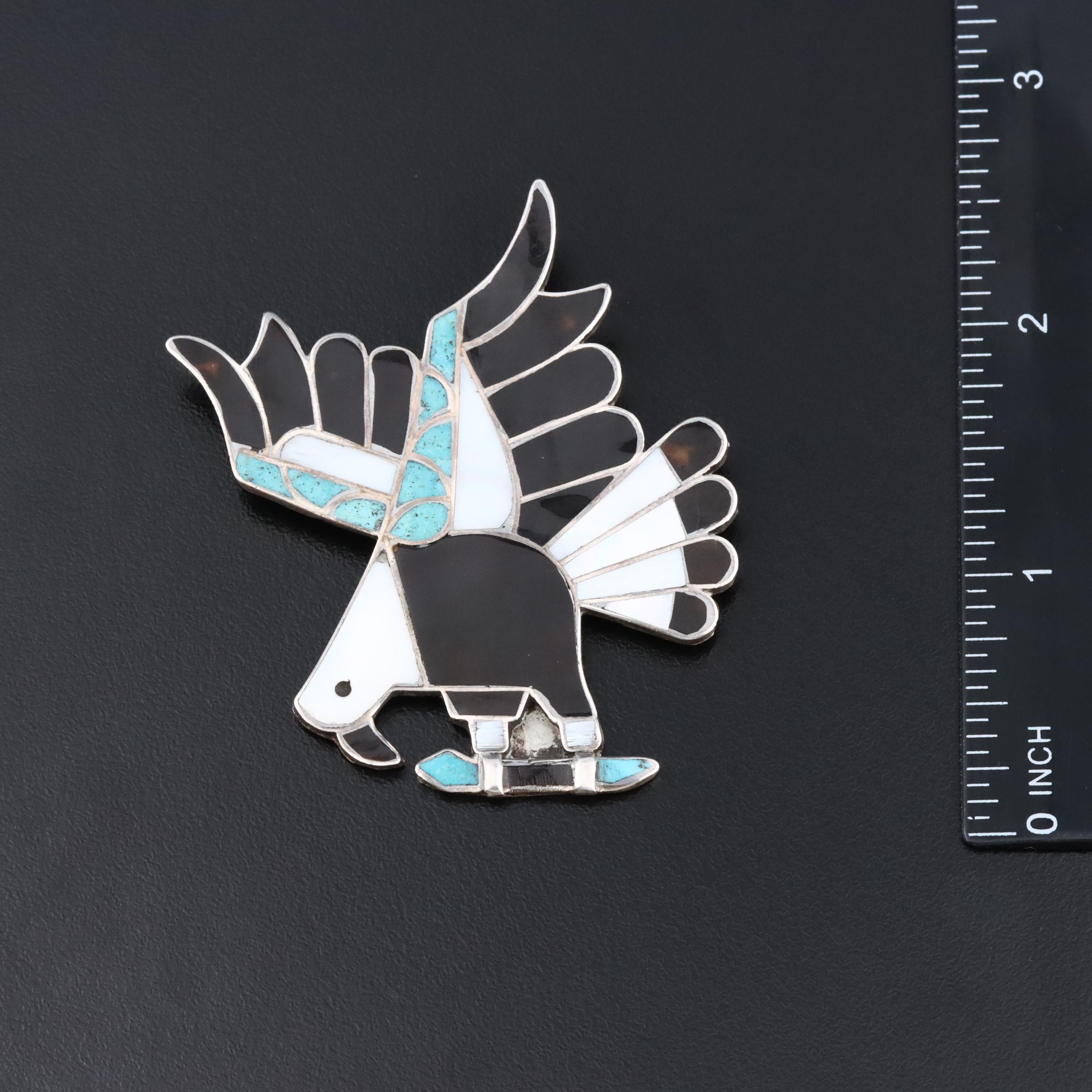 Southwestern 950 Silver Gemstone Inlay Eagle Brooch Featuring Tortoise