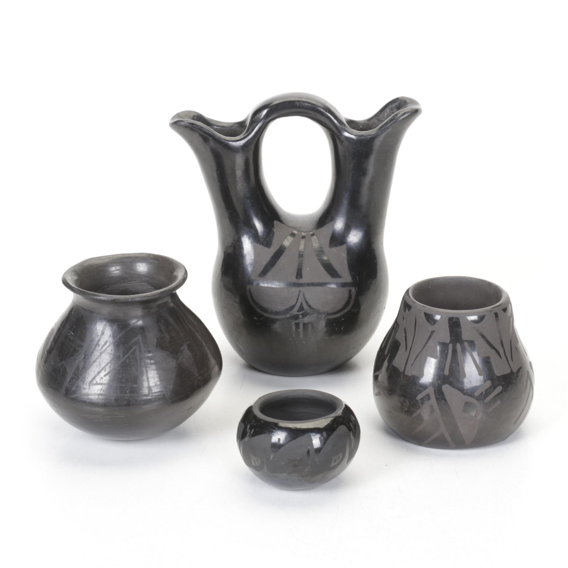 Santa Clara Pueblo Blackware Pottery Set Includes Wedding Vase and More