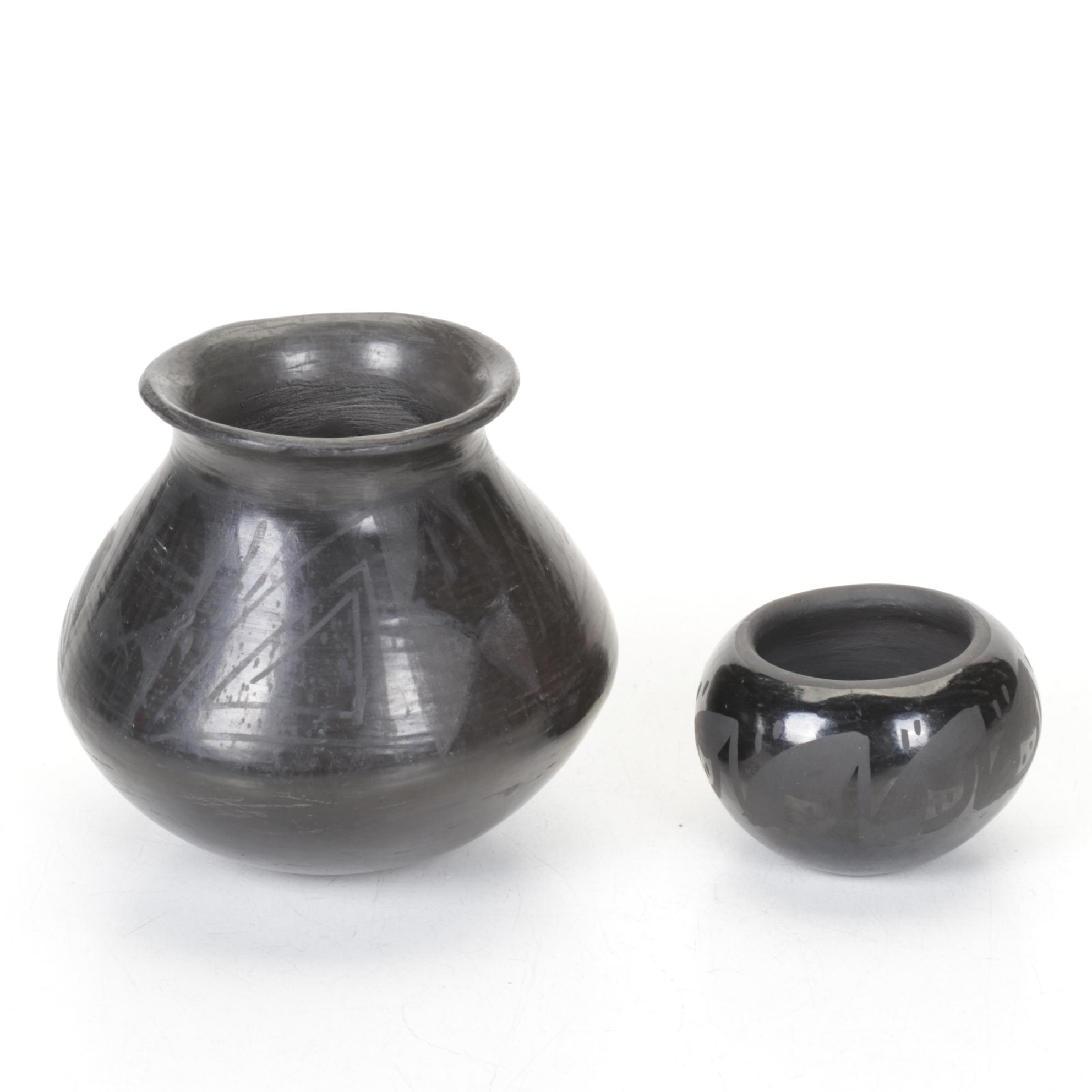 Santa Clara Pueblo Blackware Pottery Set Includes Wedding Vase and More