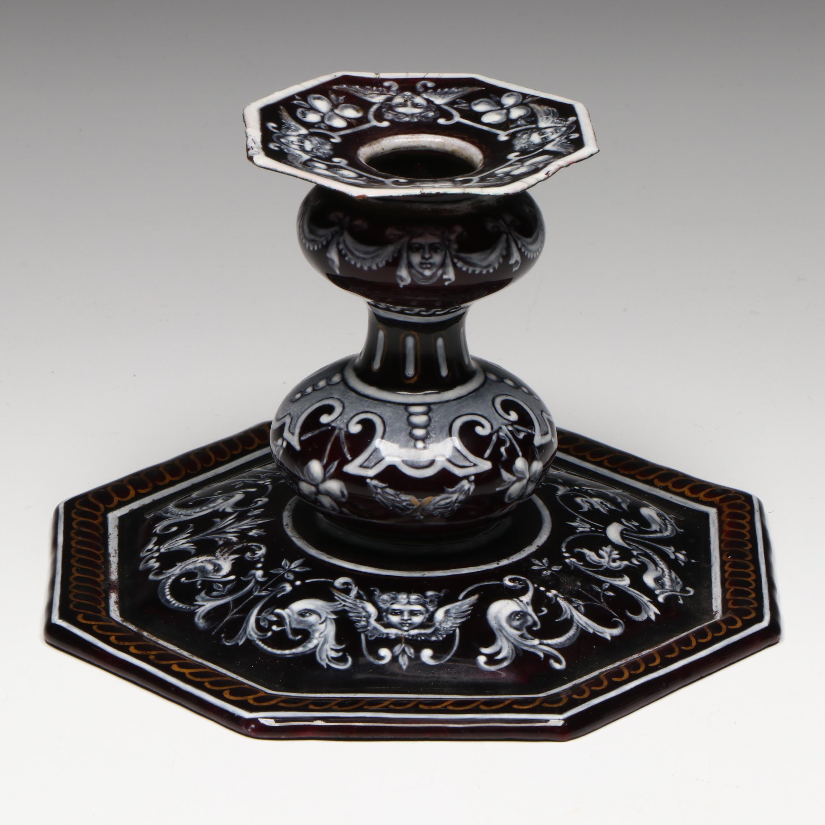 French Limoges Renaissance Revival Grisaille Enamel Candlestick, 19th Century