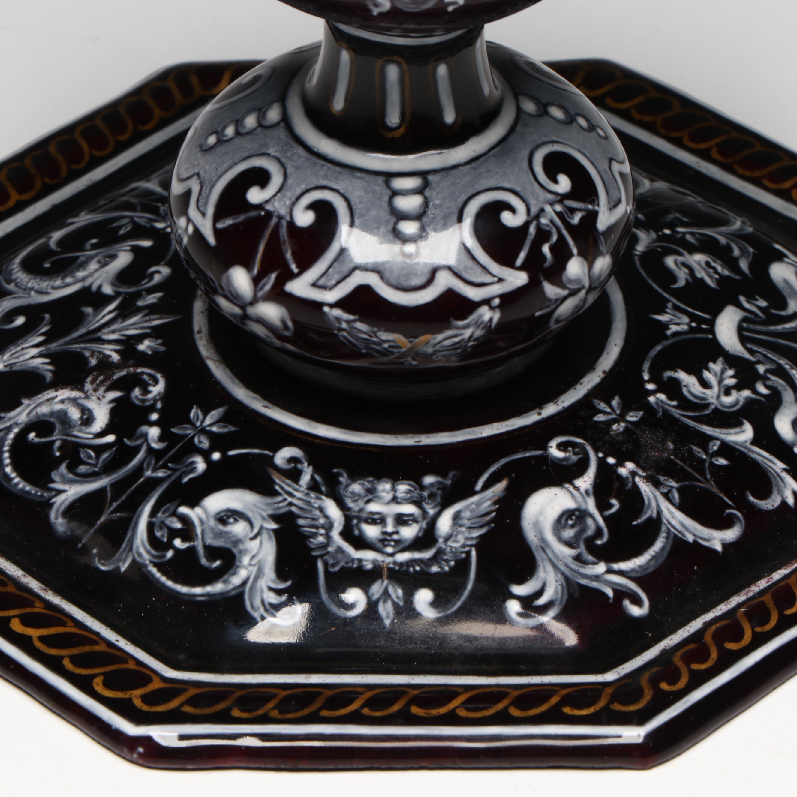 French Limoges Renaissance Revival Grisaille Enamel Candlestick, 19th Century