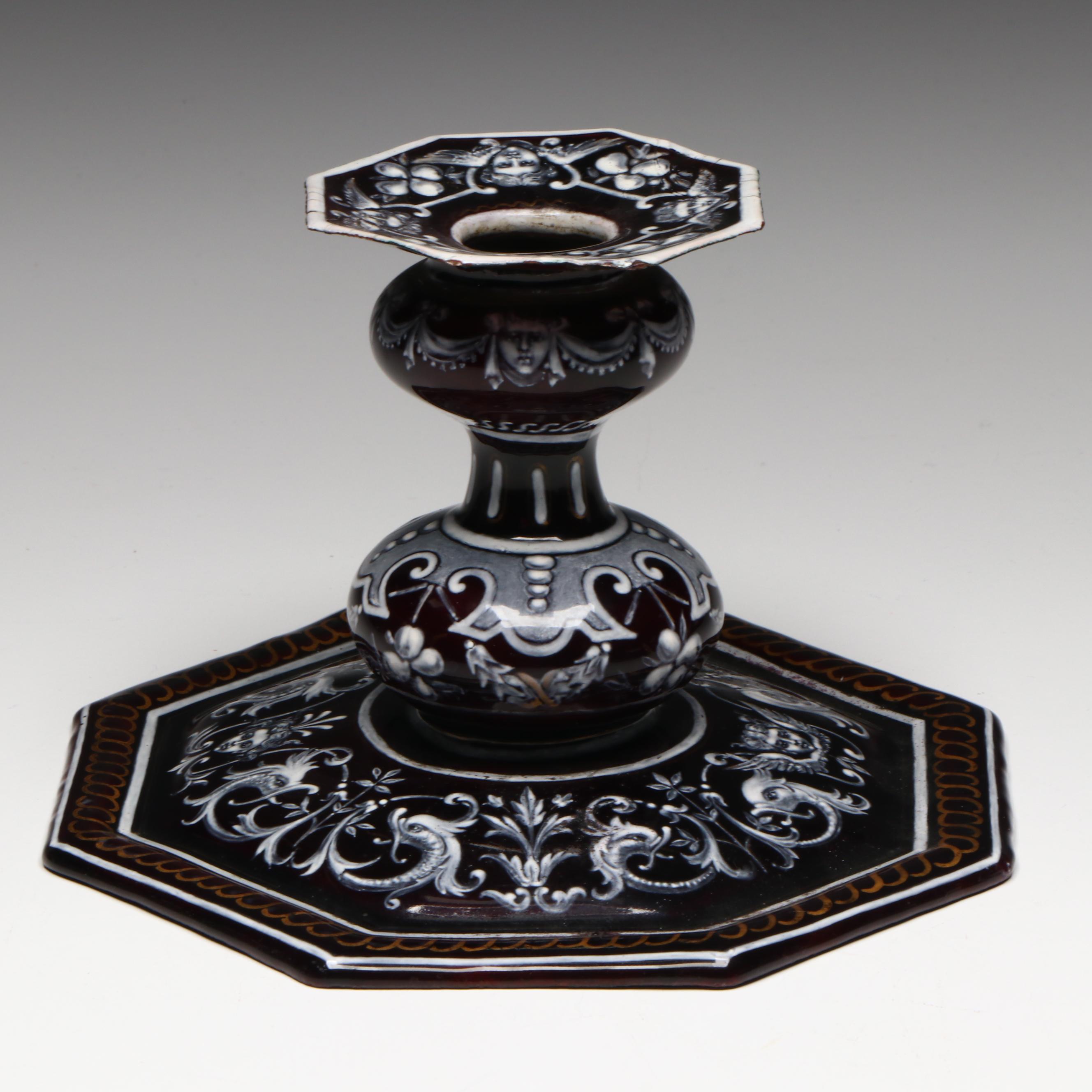 French Limoges Renaissance Revival Grisaille Enamel Candlestick, 19th Century