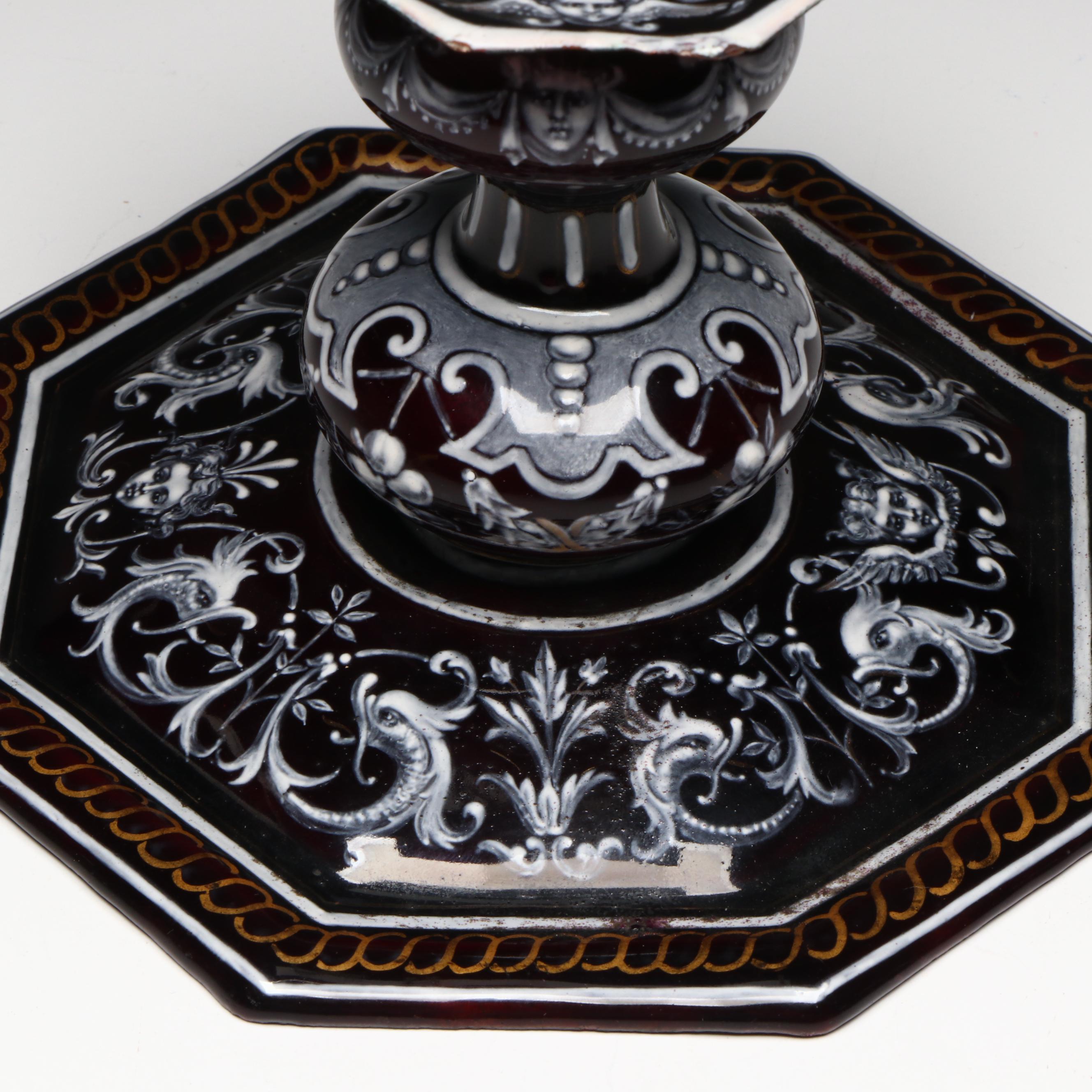 French Limoges Renaissance Revival Grisaille Enamel Candlestick, 19th Century