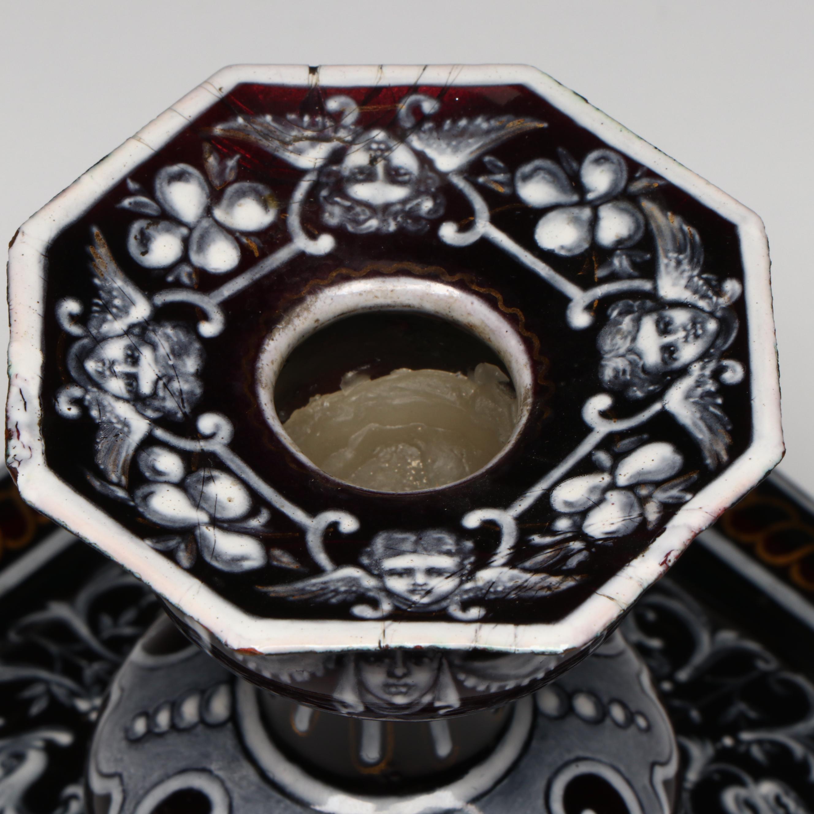 French Limoges Renaissance Revival Grisaille Enamel Candlestick, 19th Century