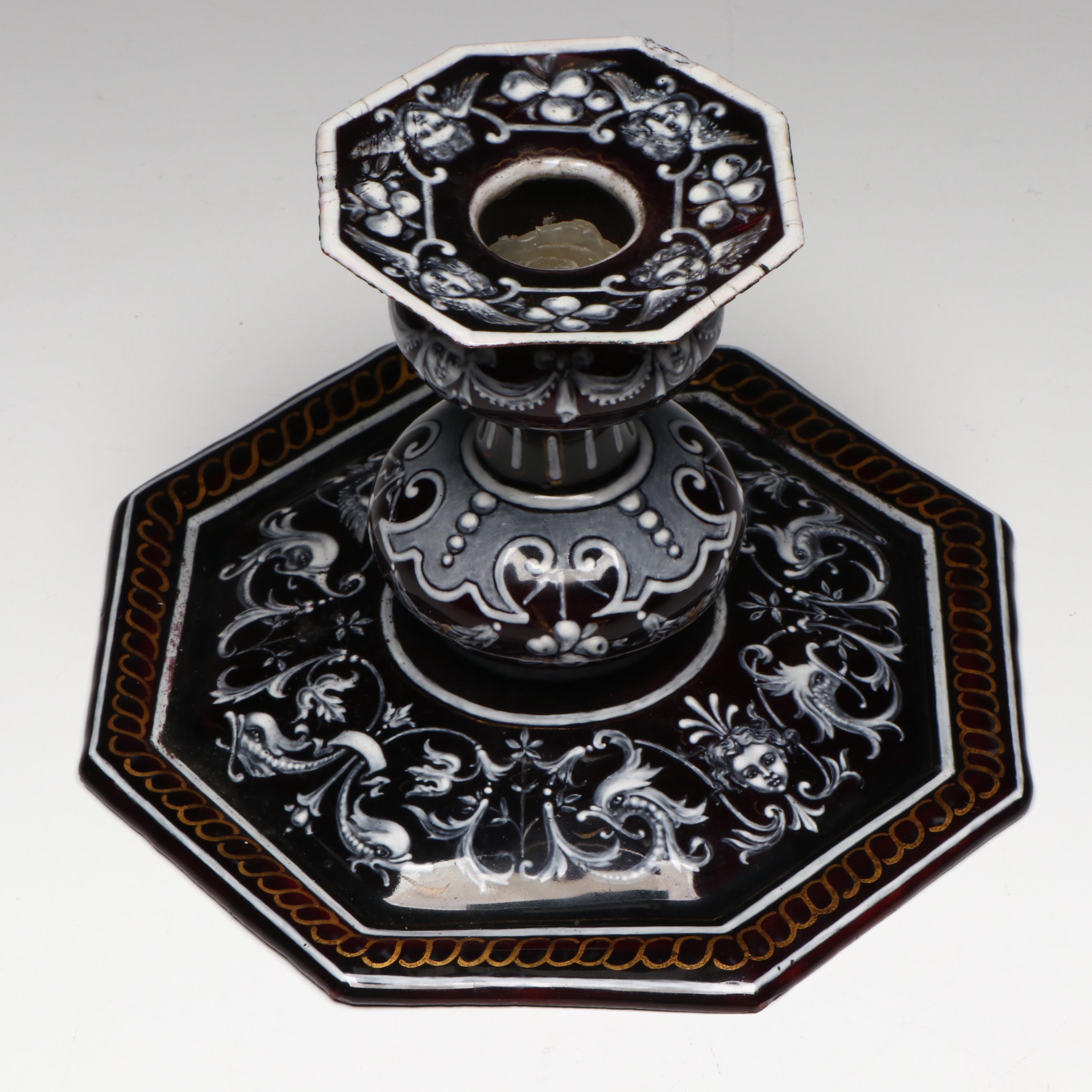 French Limoges Renaissance Revival Grisaille Enamel Candlestick, 19th Century