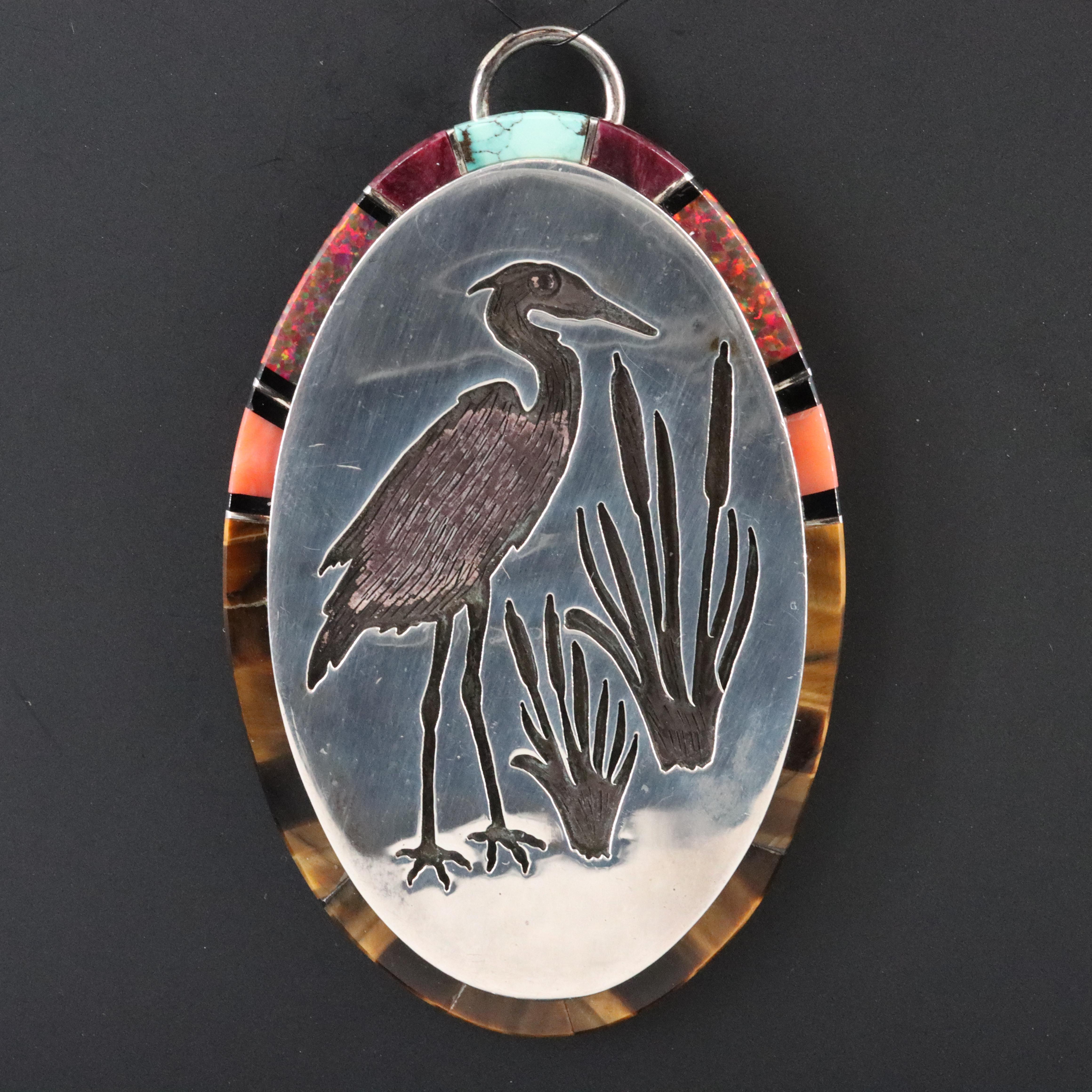 Carl & Evelyn Yazzie Opal, Turquoise and Tiger's Eye Inlay Sterling Pendant