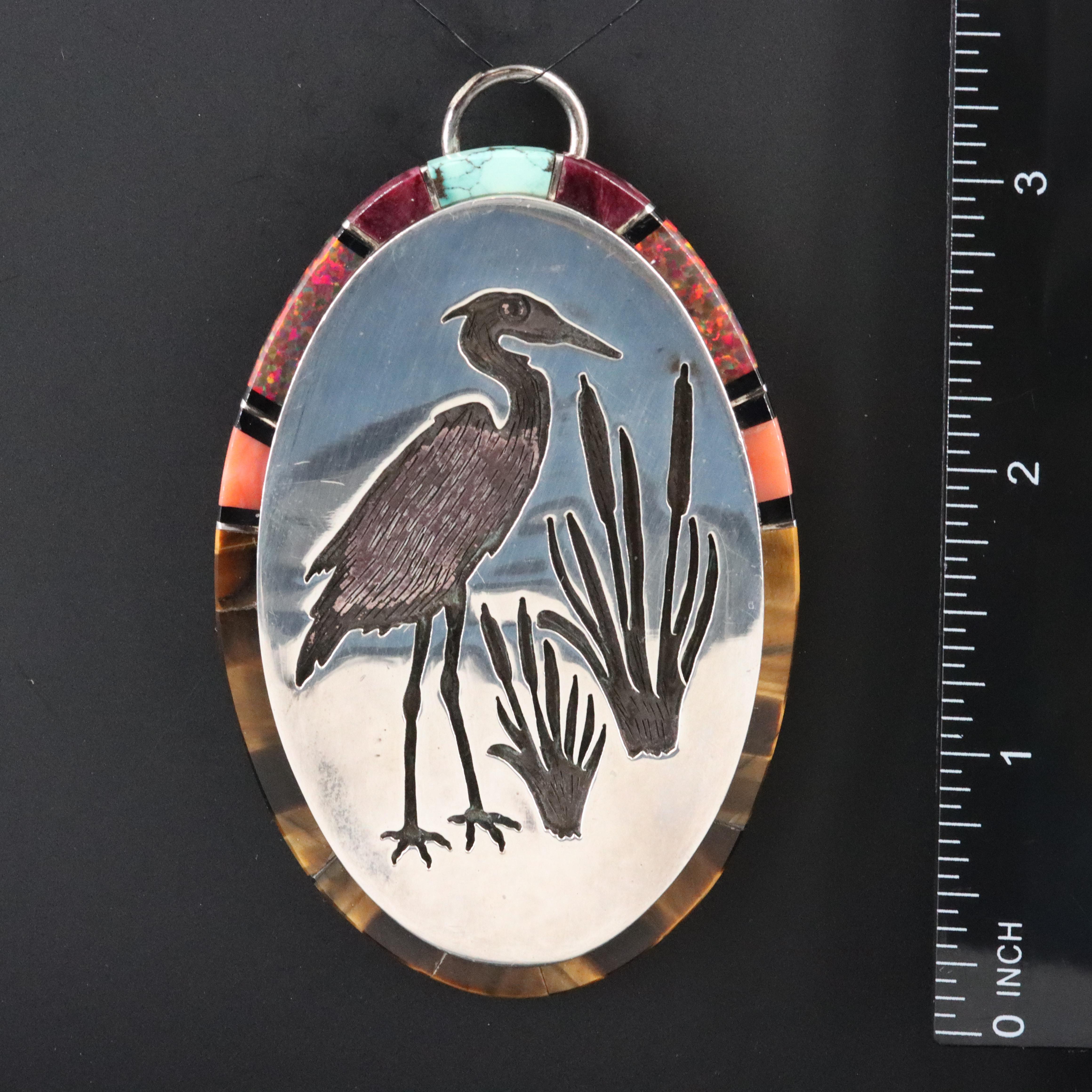 Carl & Evelyn Yazzie Opal, Turquoise and Tiger's Eye Inlay Sterling Pendant