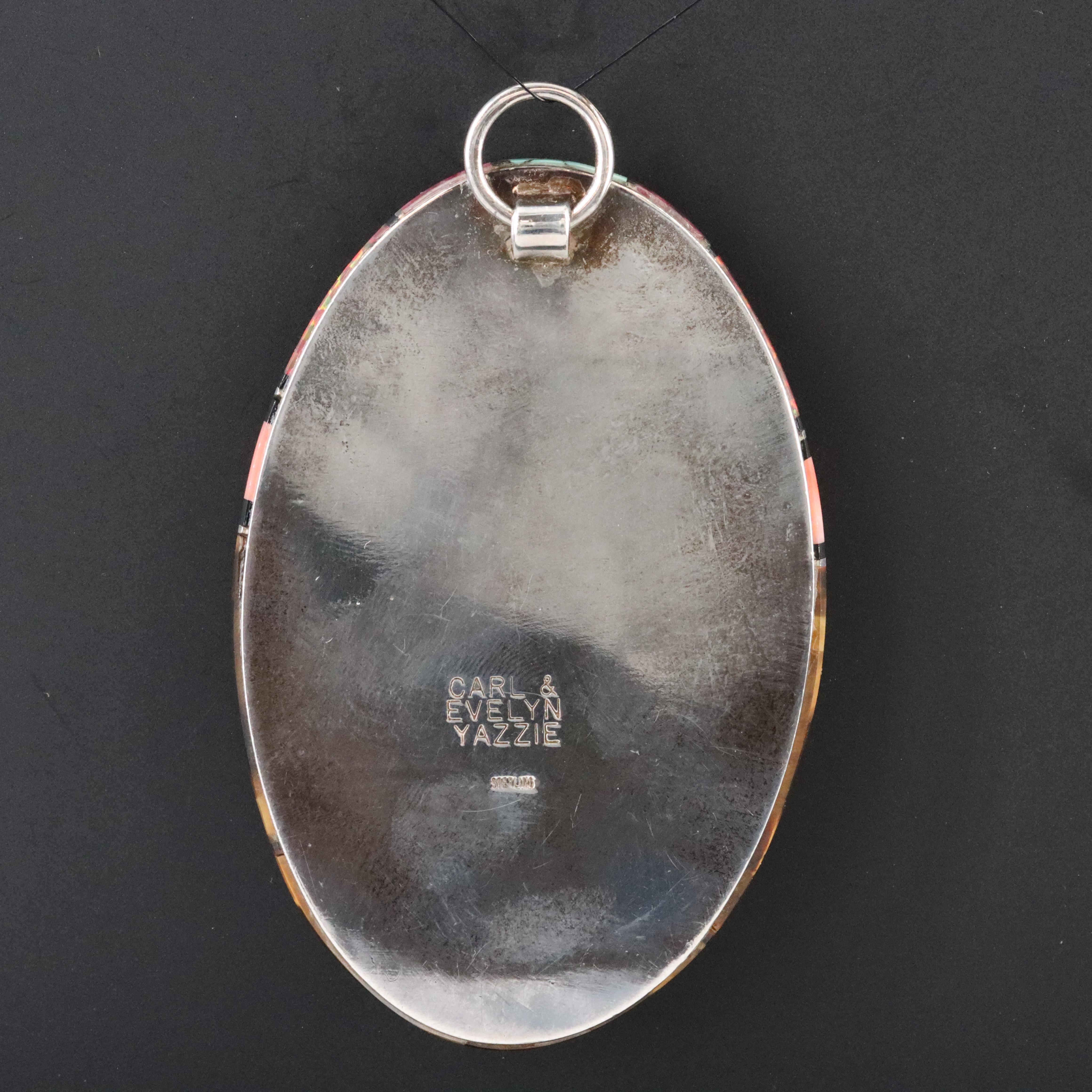 Carl & Evelyn Yazzie Opal, Turquoise and Tiger's Eye Inlay Sterling Pendant