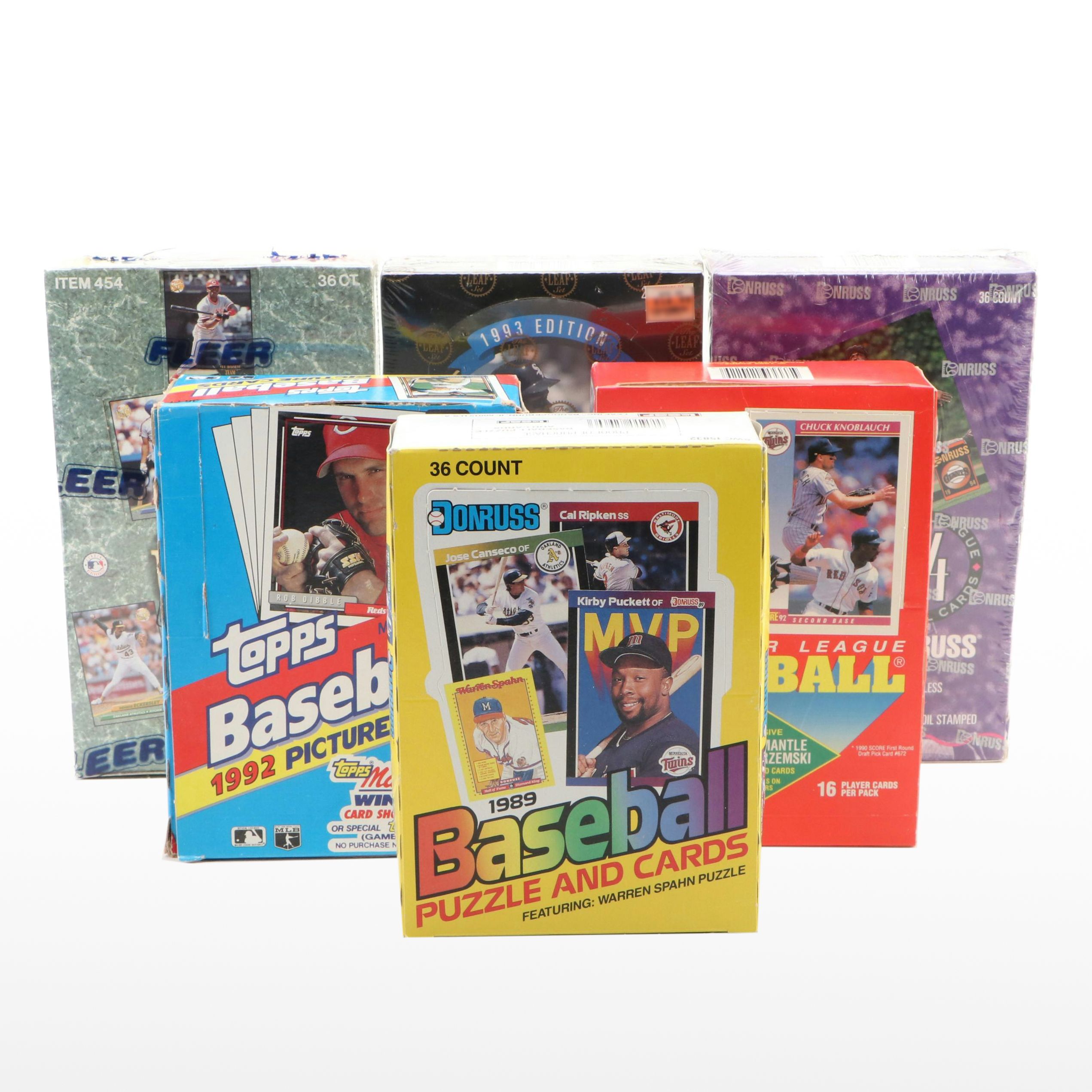 Six Boxes of Topps, Donruss, Fleer, Leaf, and Score Baseball Card Packs, 80s-90s