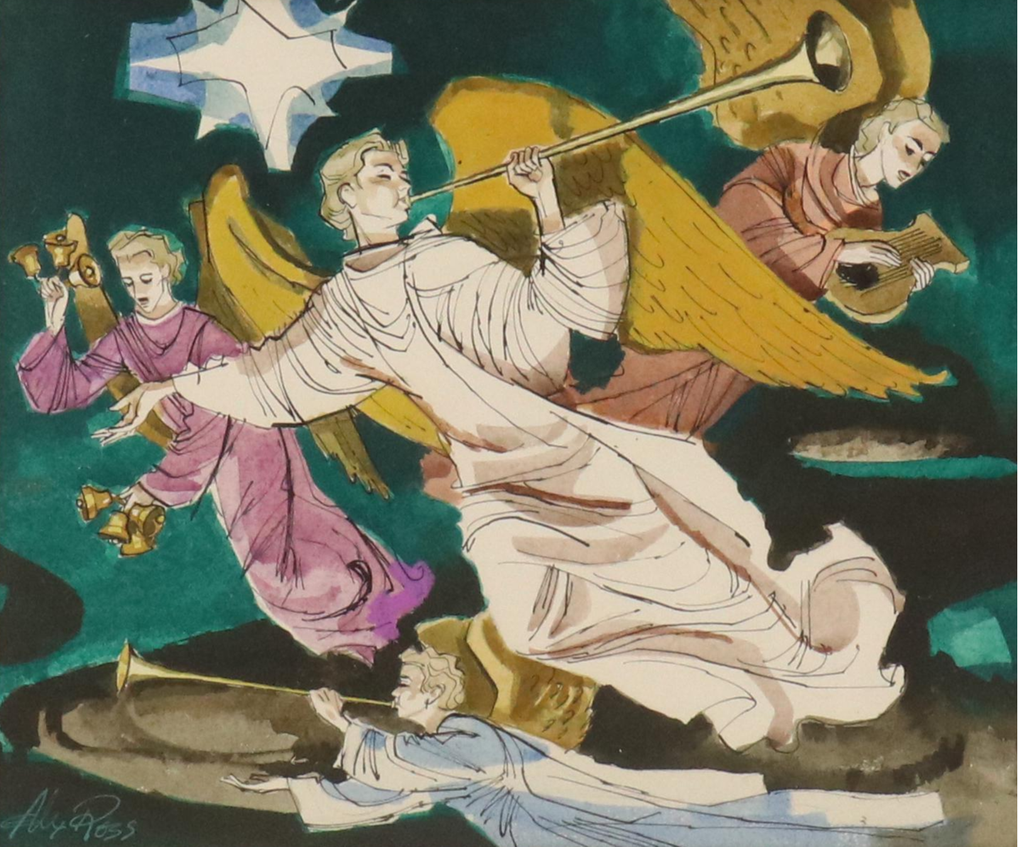 Alex Ross Watercolor and Gouache "Herald Angels," Mid-20th Century