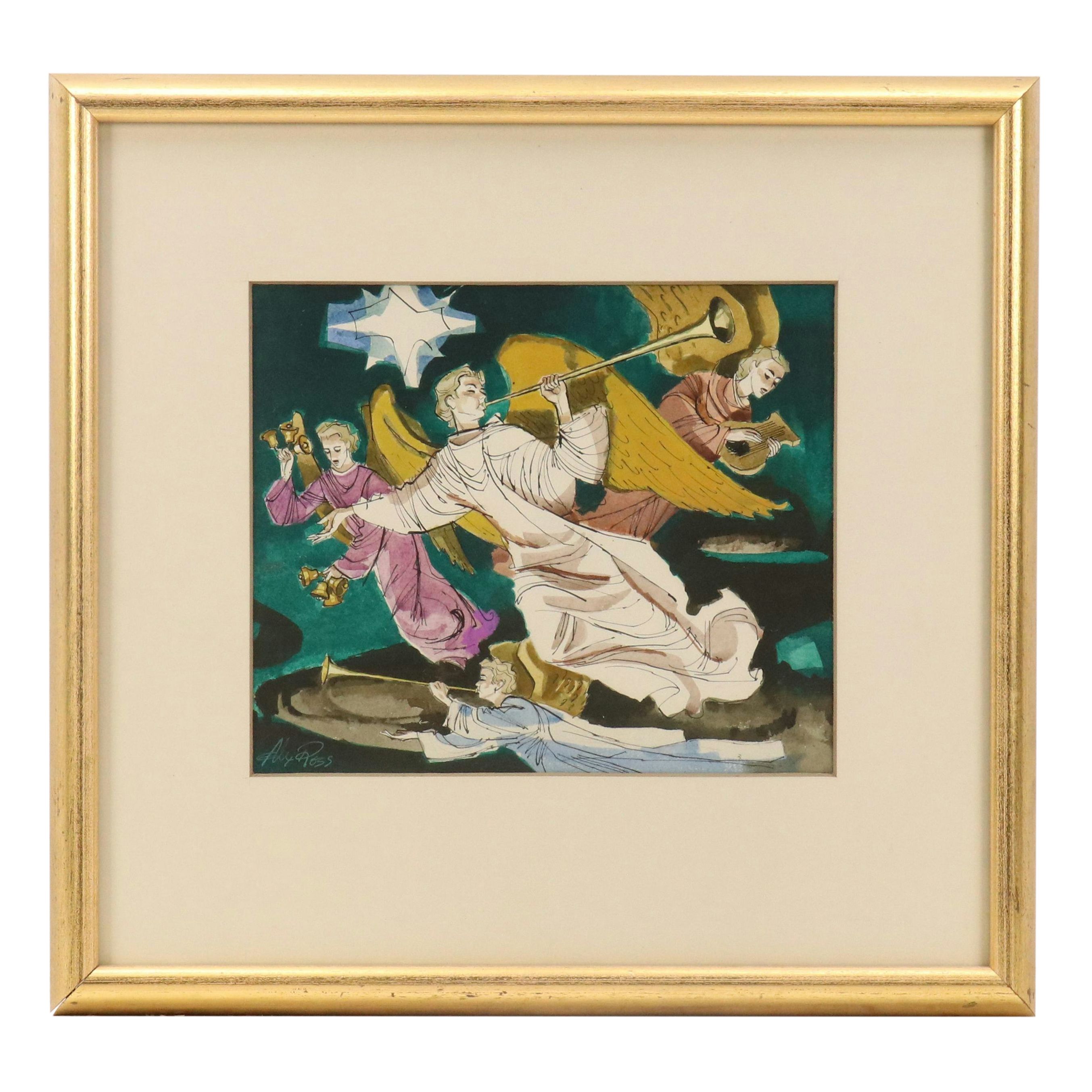 Alex Ross Watercolor and Gouache "Herald Angels," Mid-20th Century