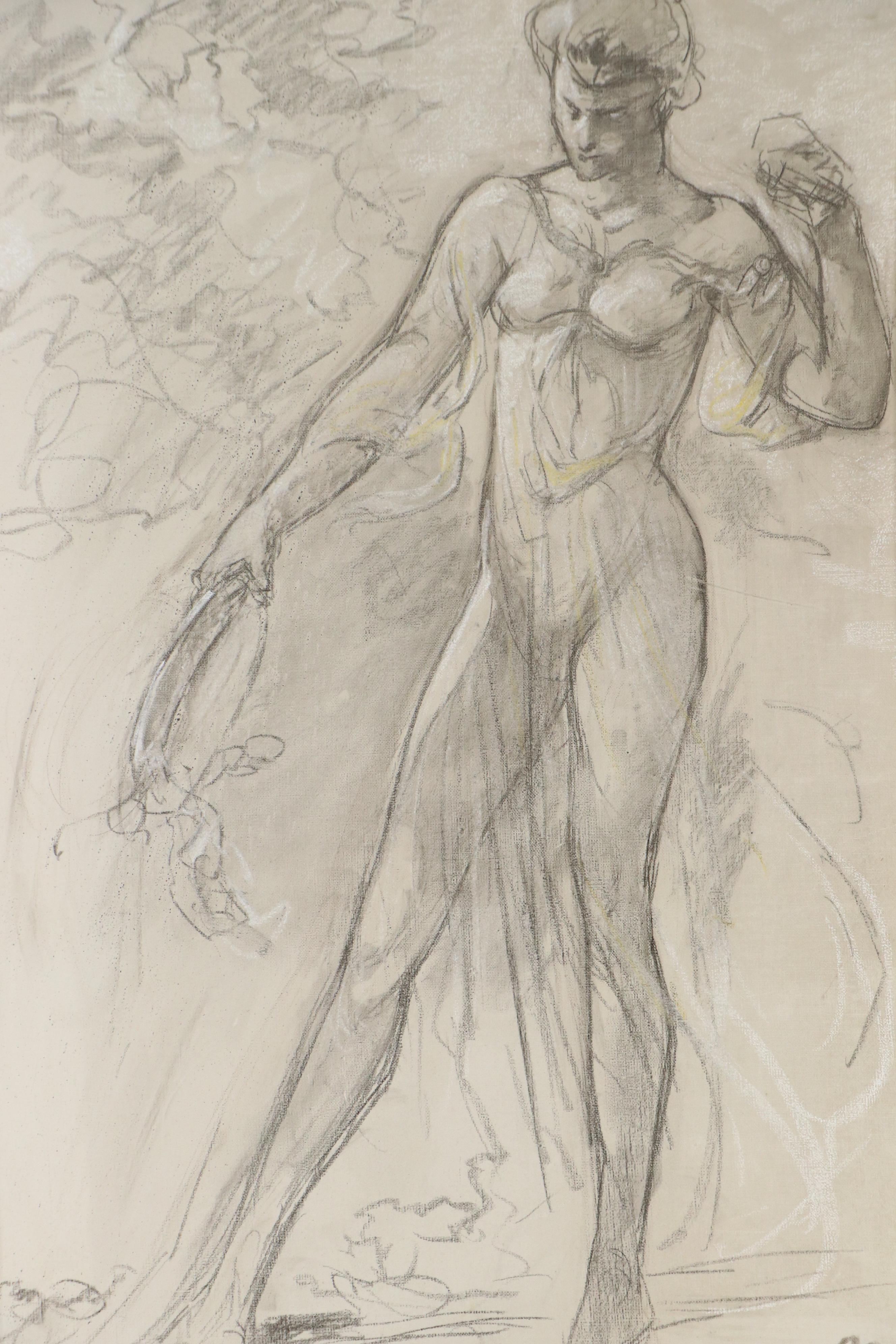 Charcoal Drawing Attributed to Arthur B. Davies of Tambourine Player
