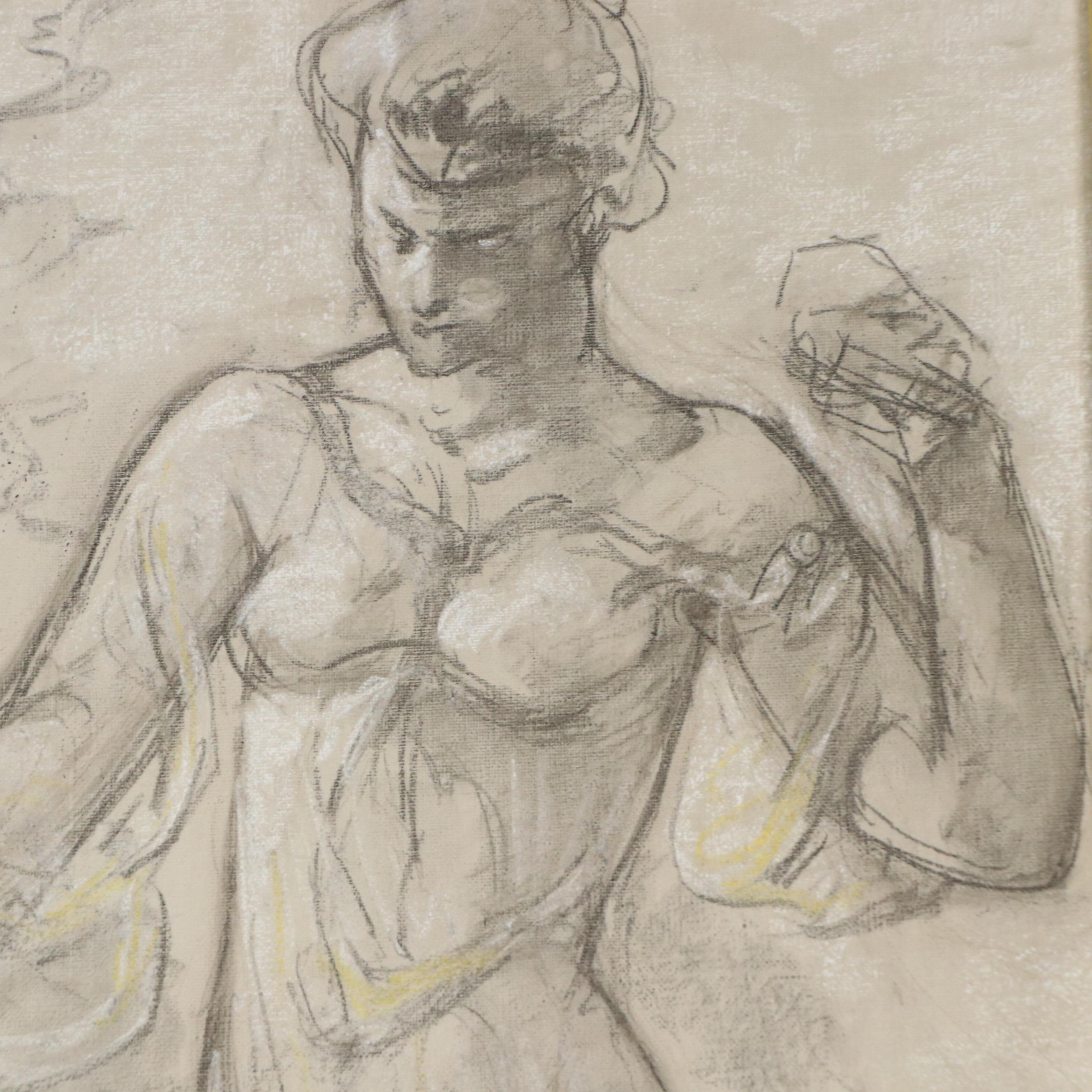 Charcoal Drawing Attributed to Arthur B. Davies of Tambourine Player