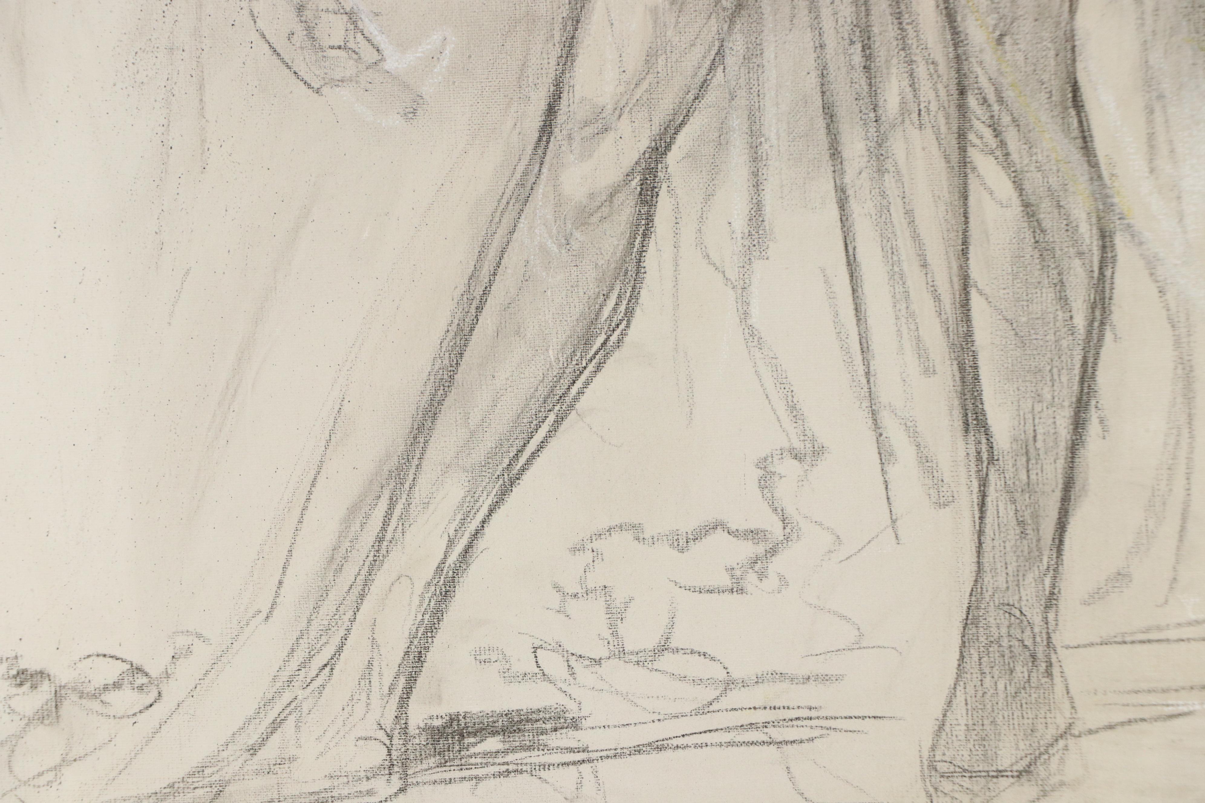 Charcoal Drawing Attributed to Arthur B. Davies of Tambourine Player