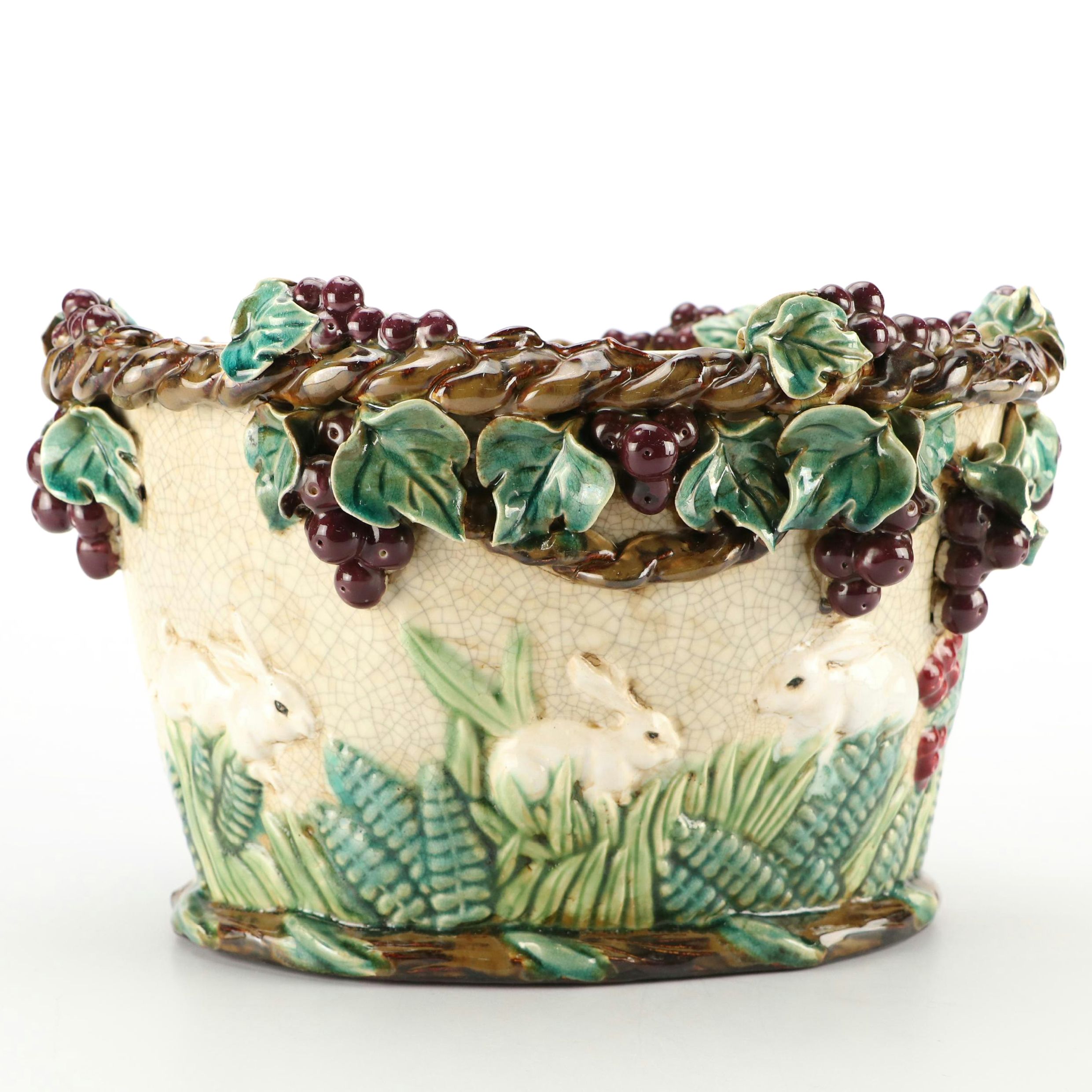 Majolica Style Ceramic Planter Featuring Grapevines and Rabbits