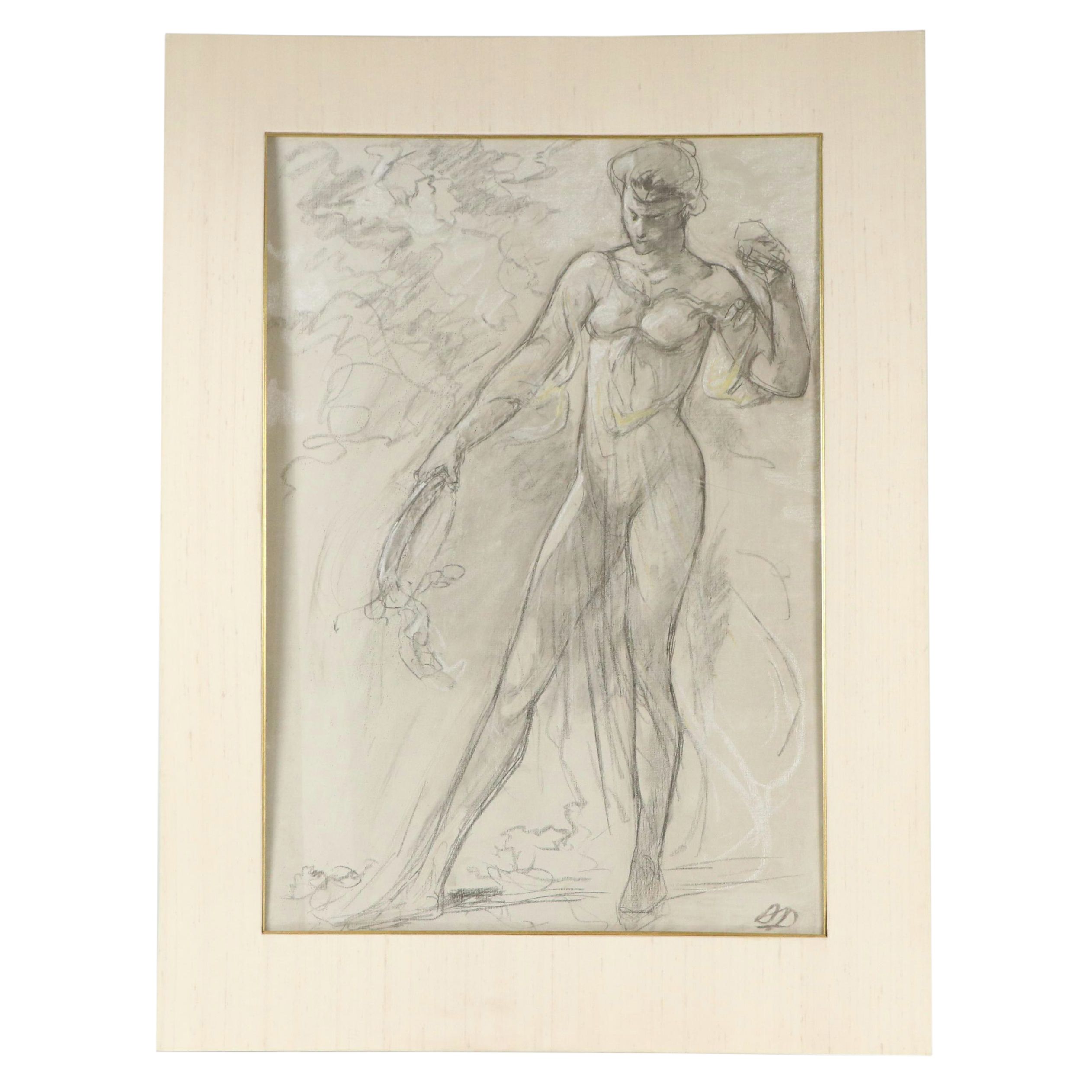 Charcoal Drawing Attributed to Arthur B. Davies of Tambourine Player