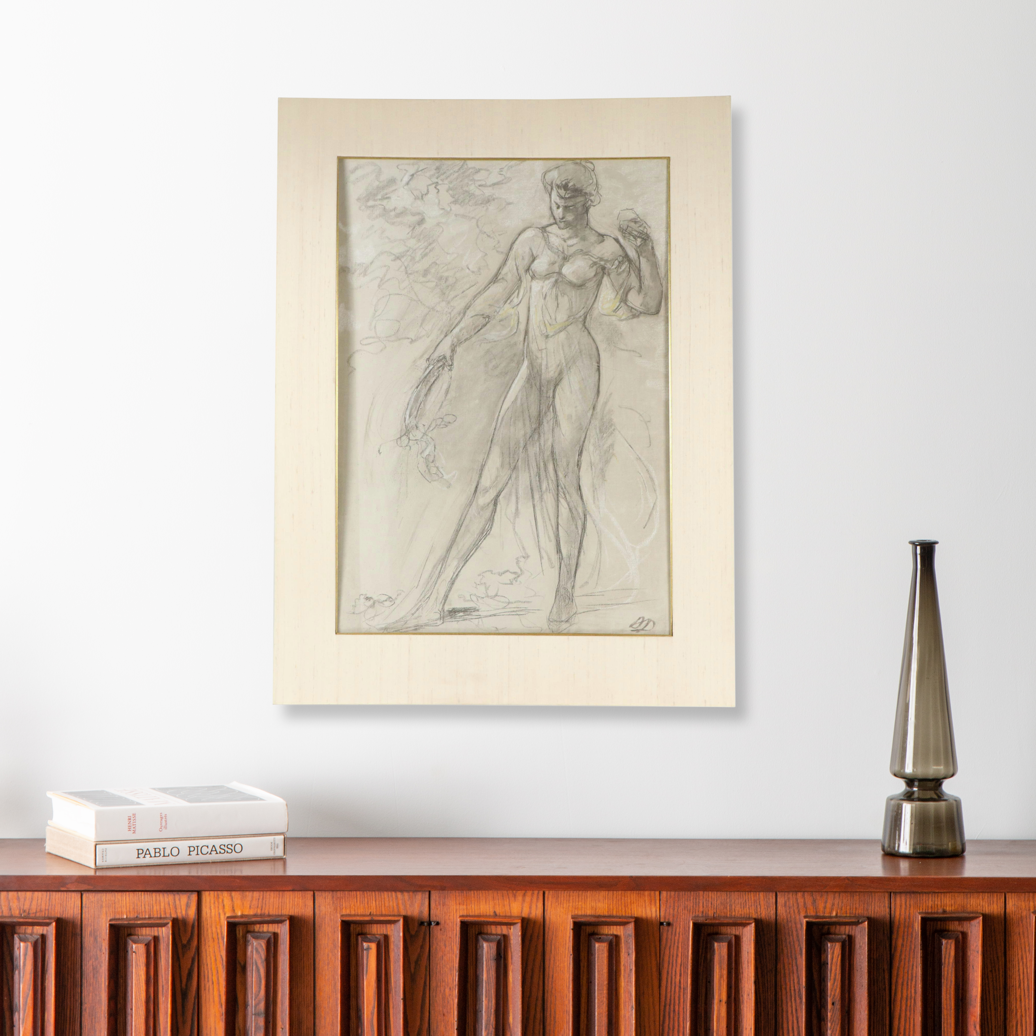 Charcoal Drawing Attributed to Arthur B. Davies of Tambourine Player