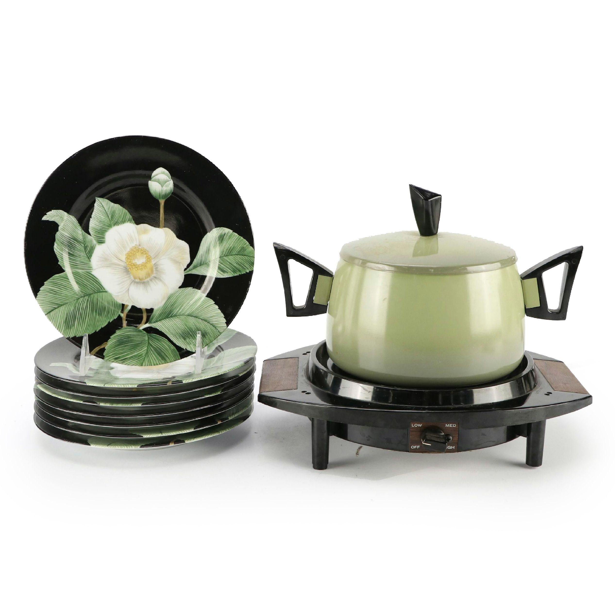 Cornwall Electric Fondue Pot with Fitz and Floyd "Moon Flower" Salad Plates