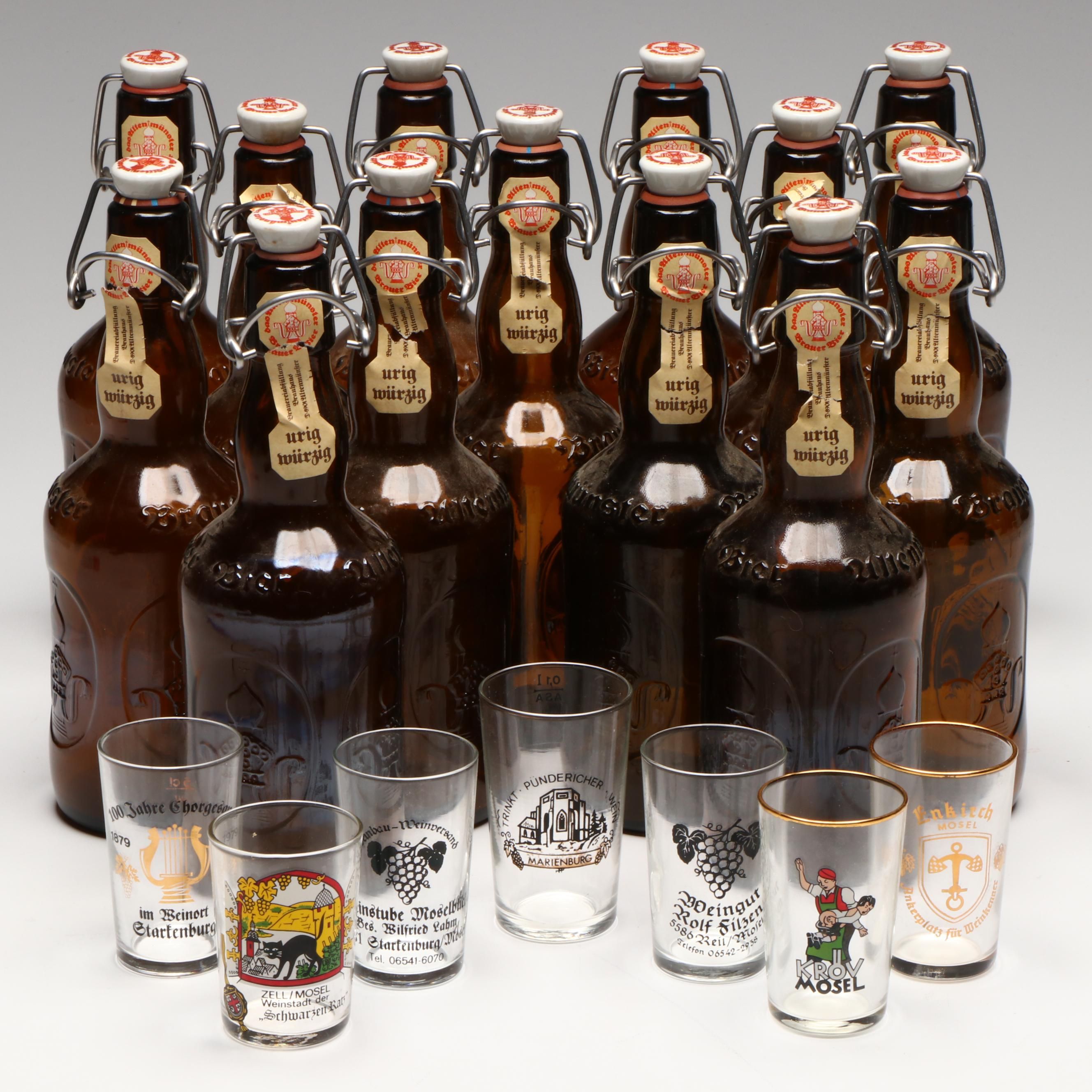 Altenmünster "Brauer Bier" Glass Bottles with Souvenir Shot Glasses