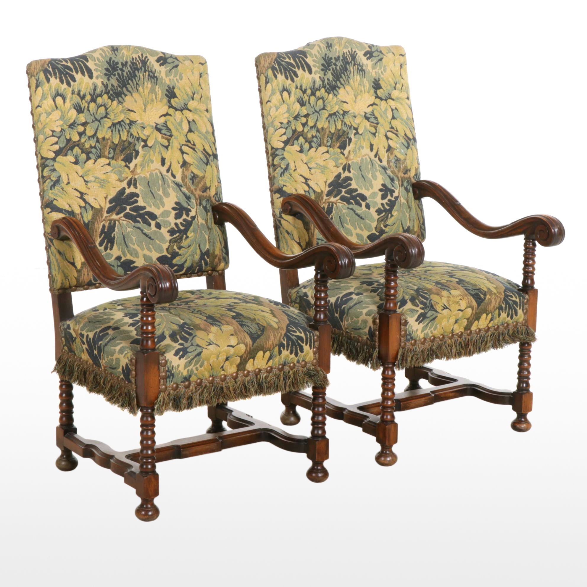 Pair of French Renaissance Revival Carved Walnut Armchairs