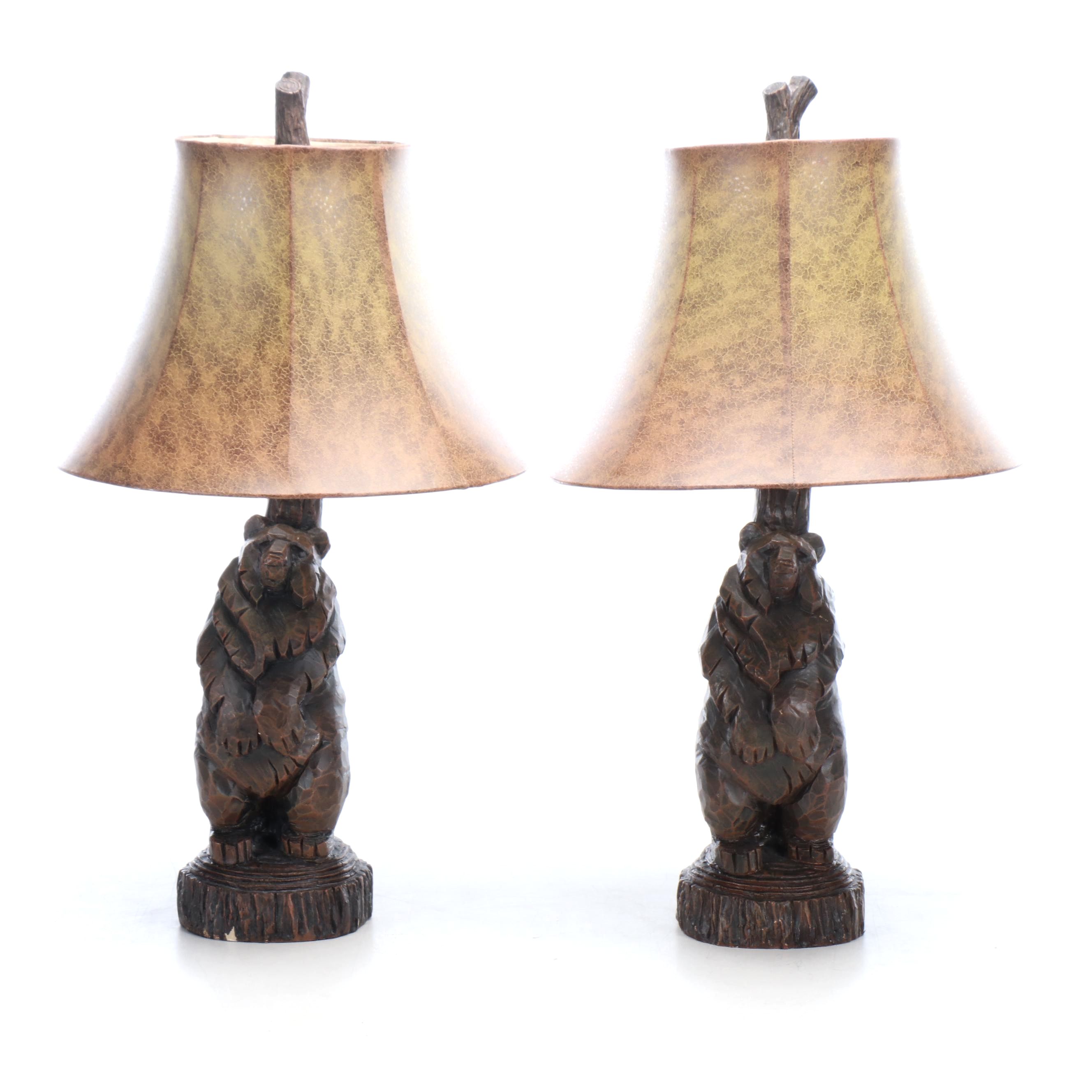 Faux Bois Rustic Bear Figure Table Lamps with Crackle Finish Vinyl Shades
