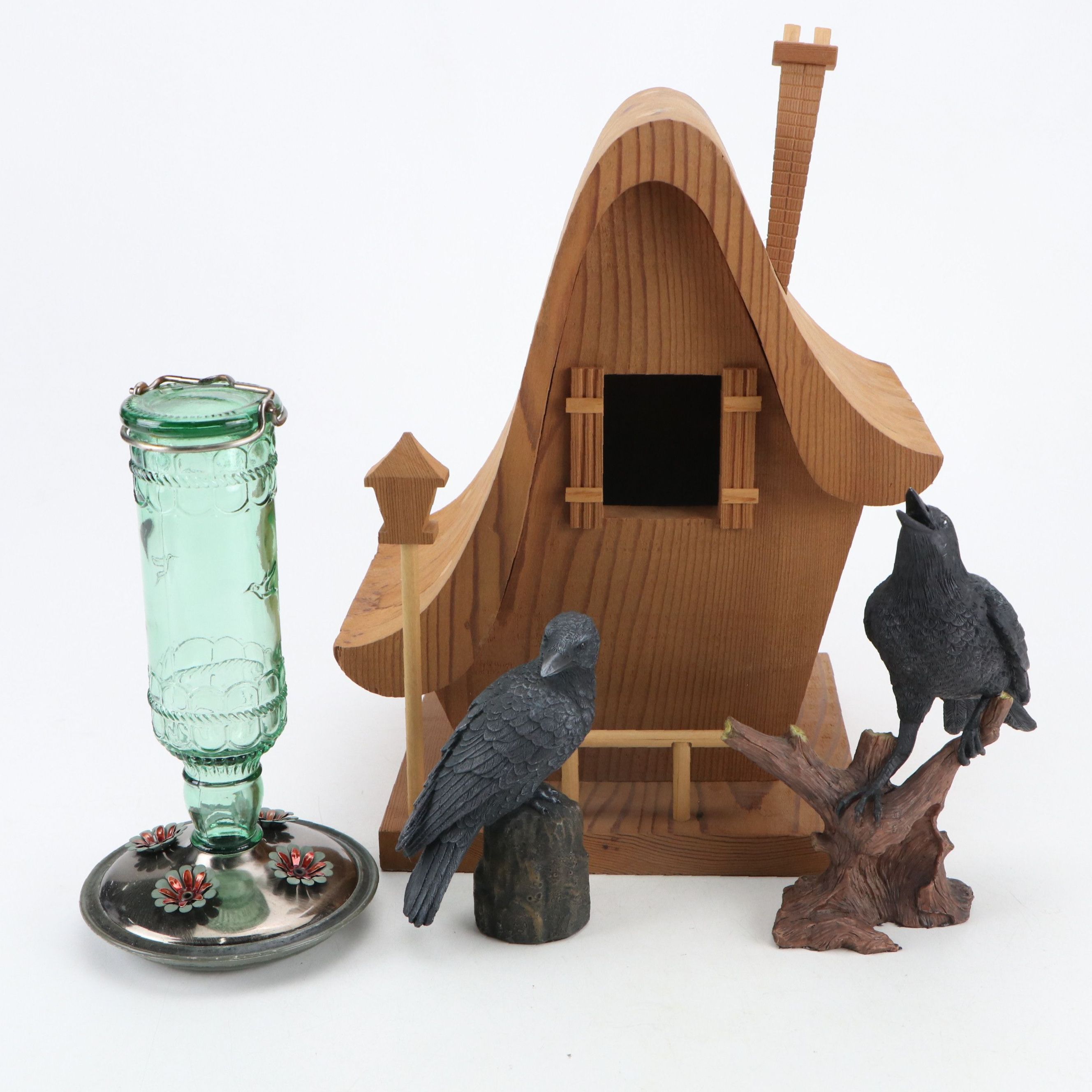 Alan Clark Handmade Wood Birdhouse with Summit Crows and Hummingbird Feeder