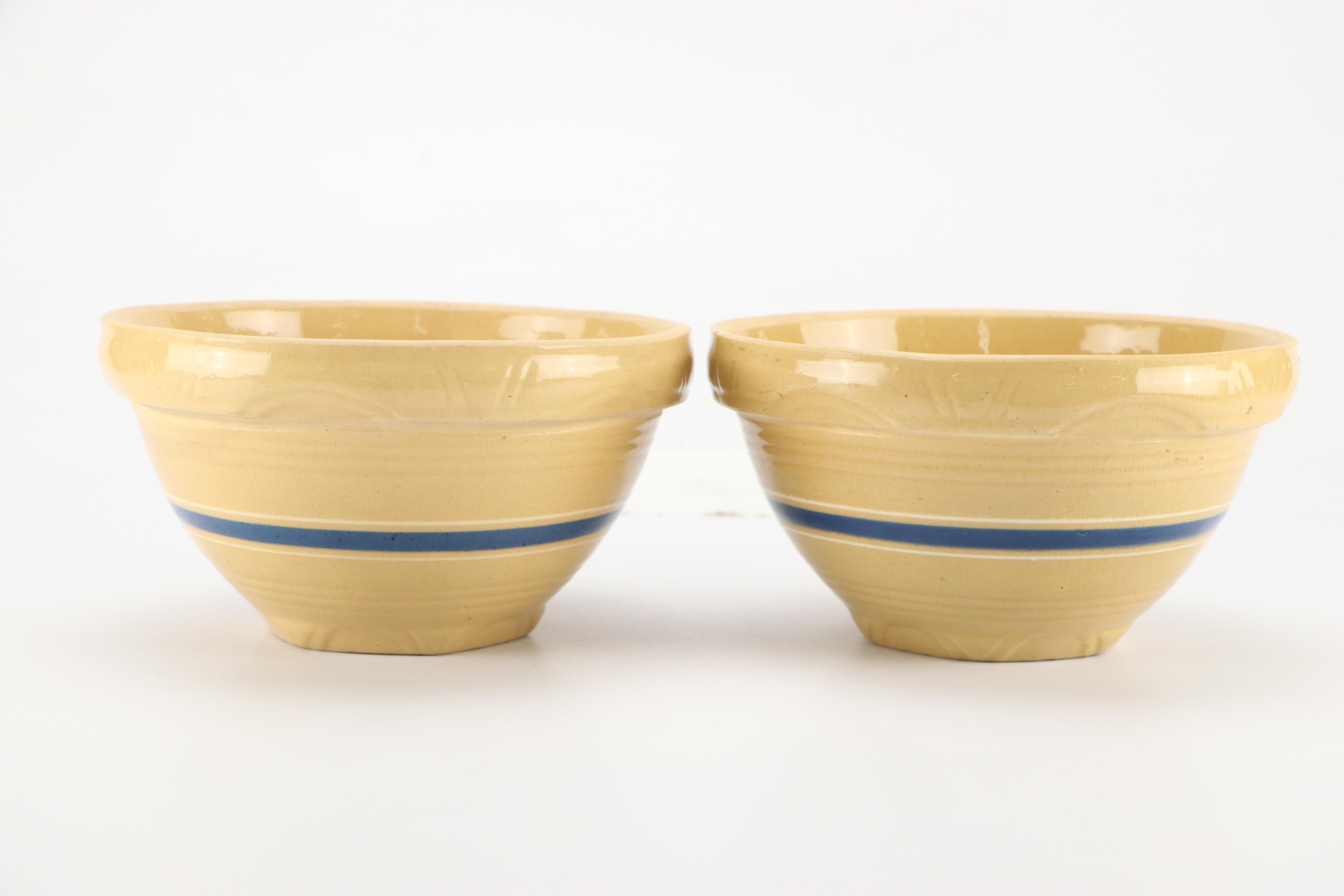 American Yellowware Blue and Brown Banded Mixing Bowls, 20th Century