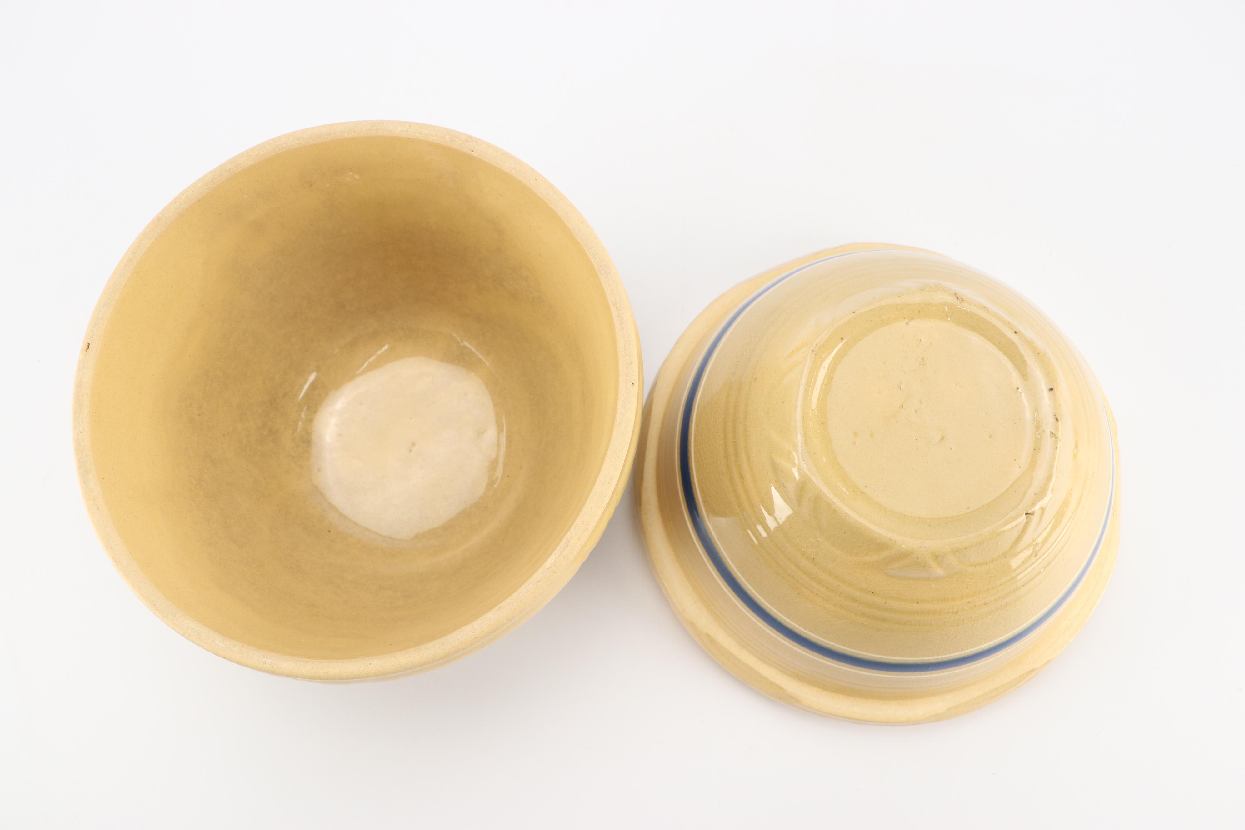 American Yellowware Blue and Brown Banded Mixing Bowls, 20th Century