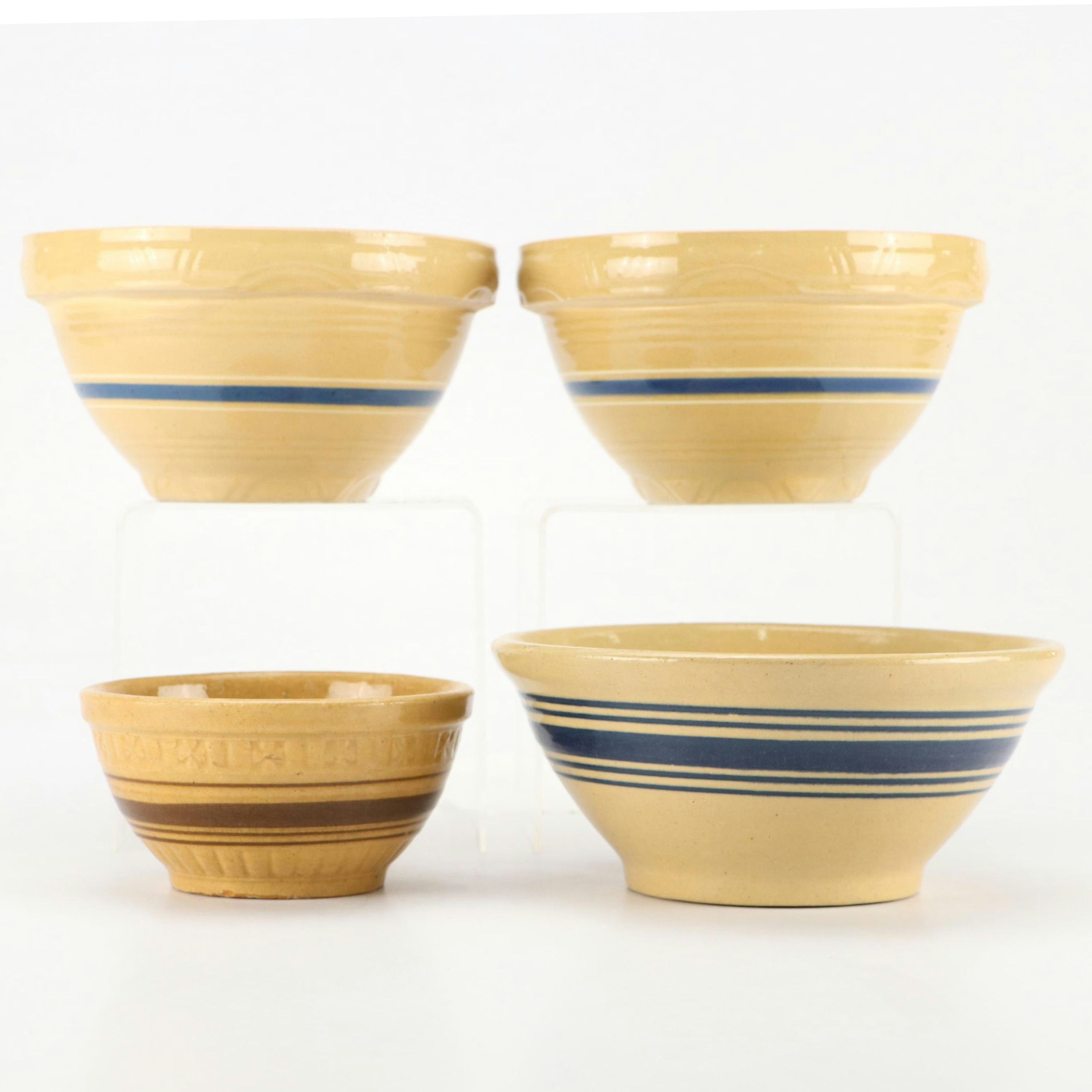American Yellowware Blue and Brown Banded Mixing Bowls, 20th Century