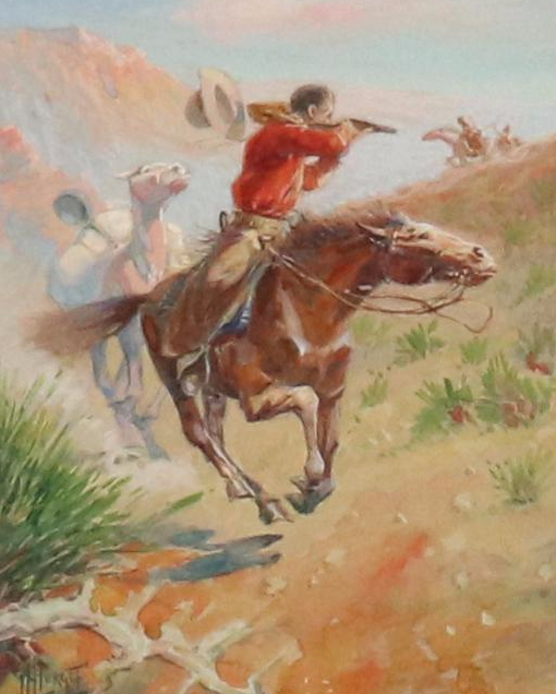Herbert M. Herget Western Watercolor Painting of Figure Shooting from Horseback