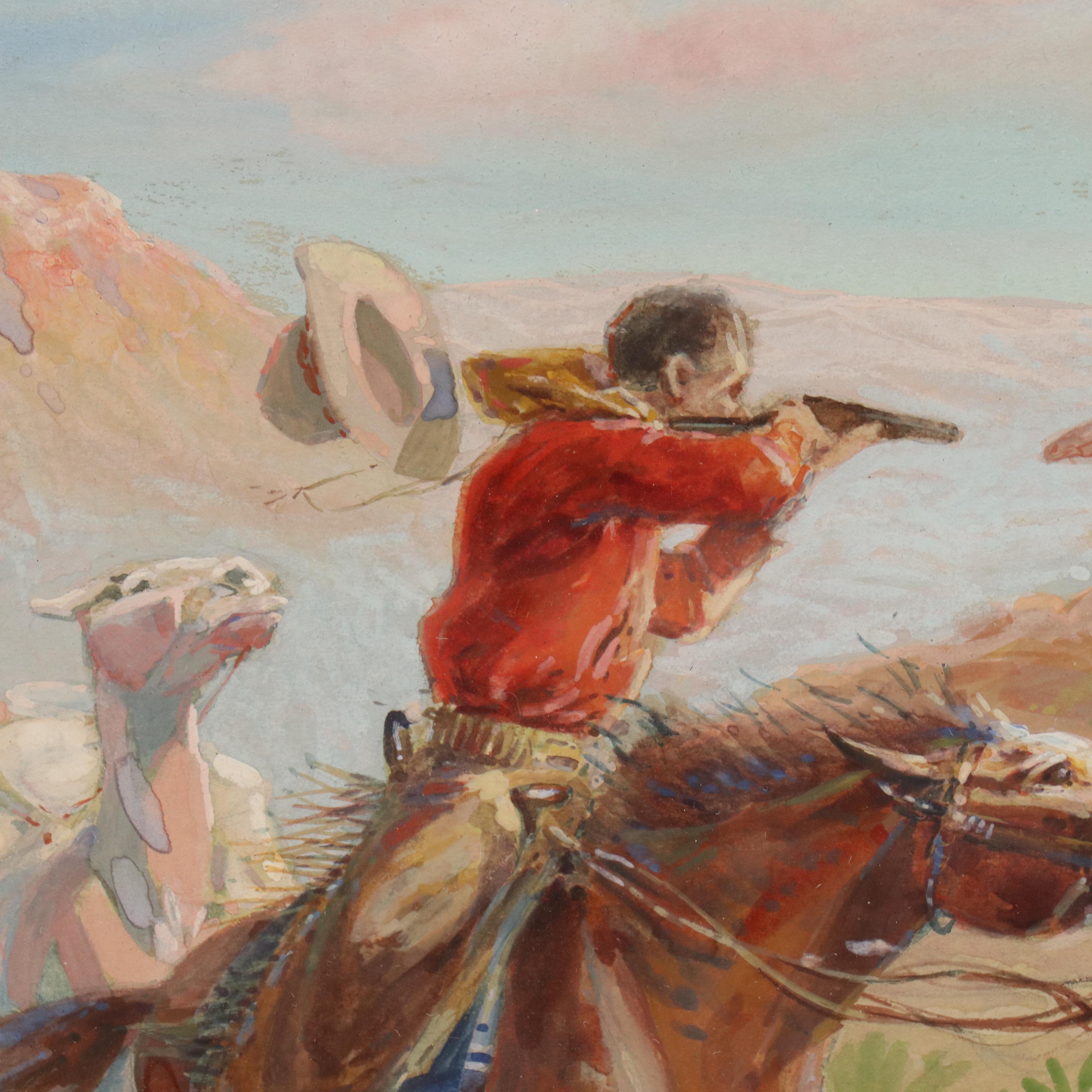 Herbert M. Herget Western Watercolor Painting of Figure Shooting from Horseback