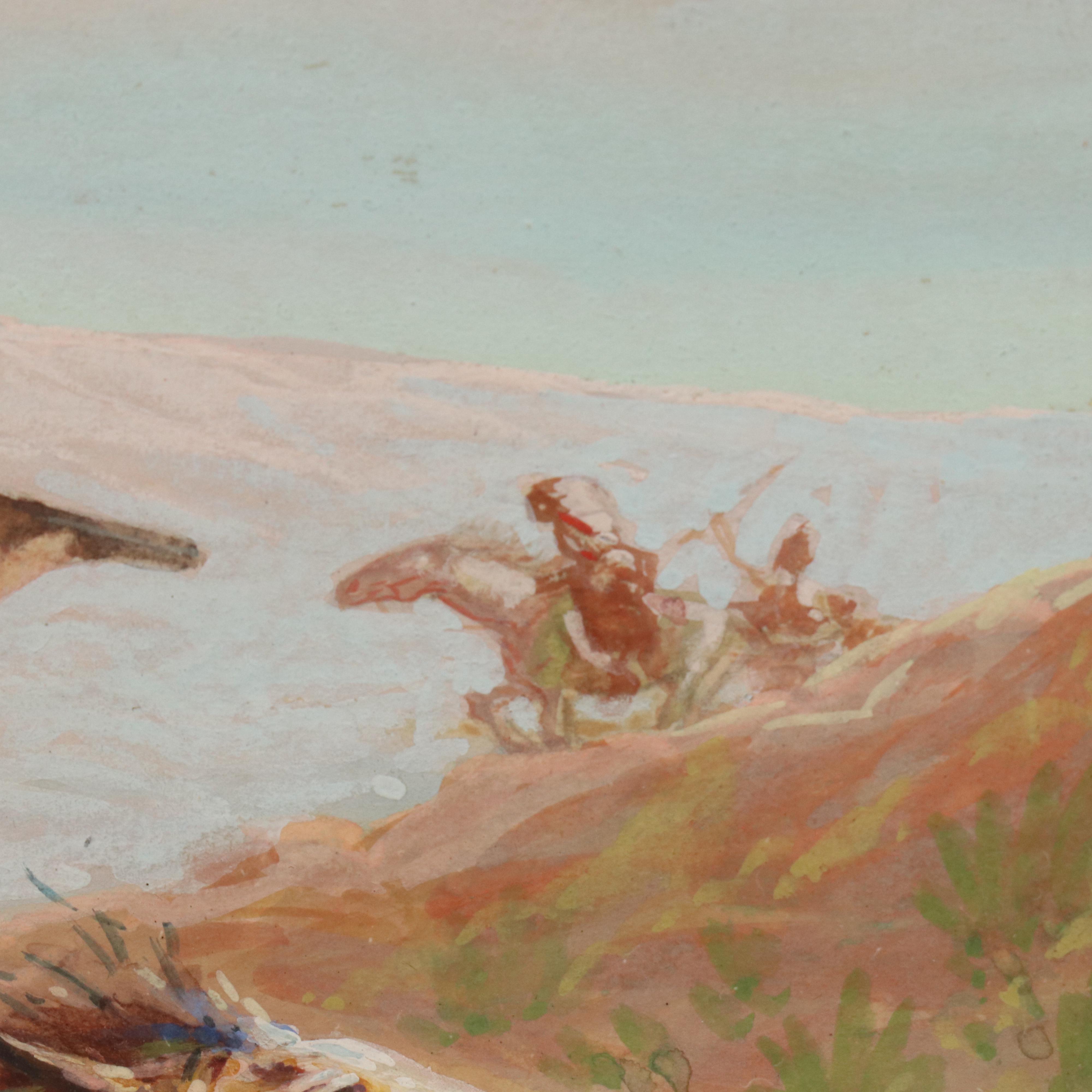 Herbert M. Herget Western Watercolor Painting of Figure Shooting from Horseback