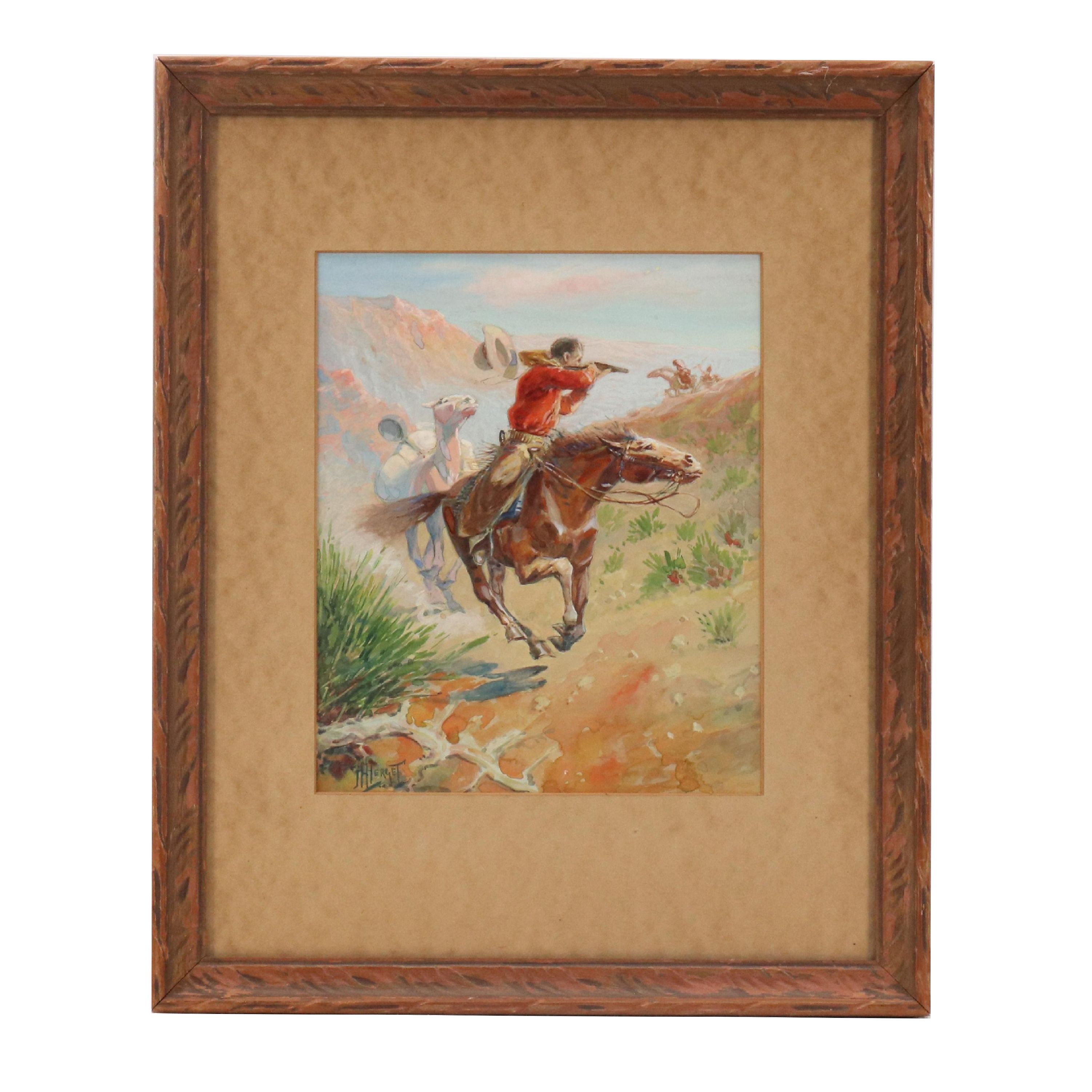 Herbert M. Herget Western Watercolor Painting of Figure Shooting from Horseback