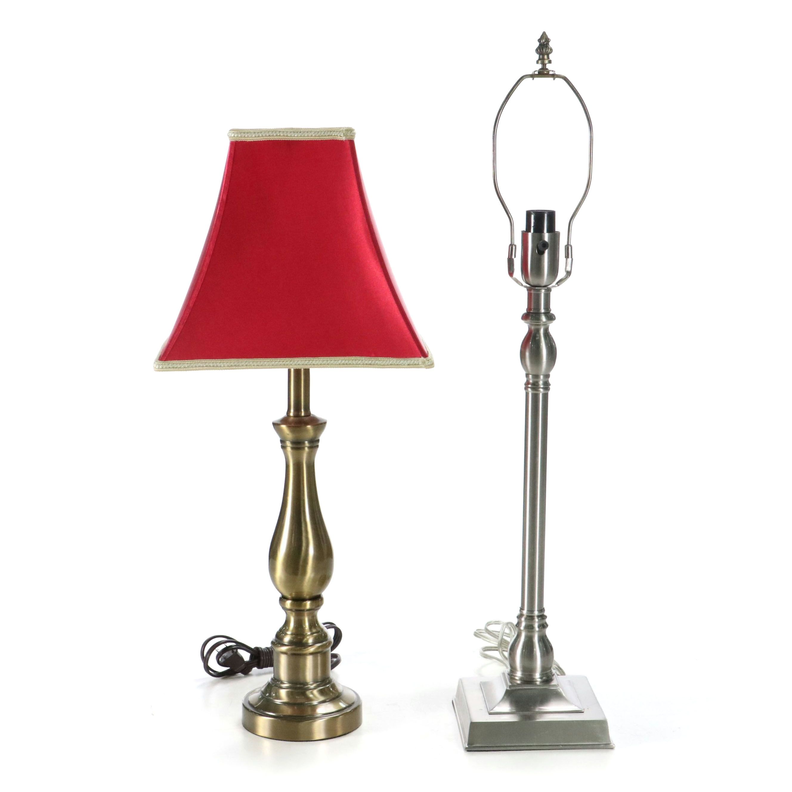 Brushed Brass Table Lamp with Red Satin Shade, and Brushed Nickle Table Lamp