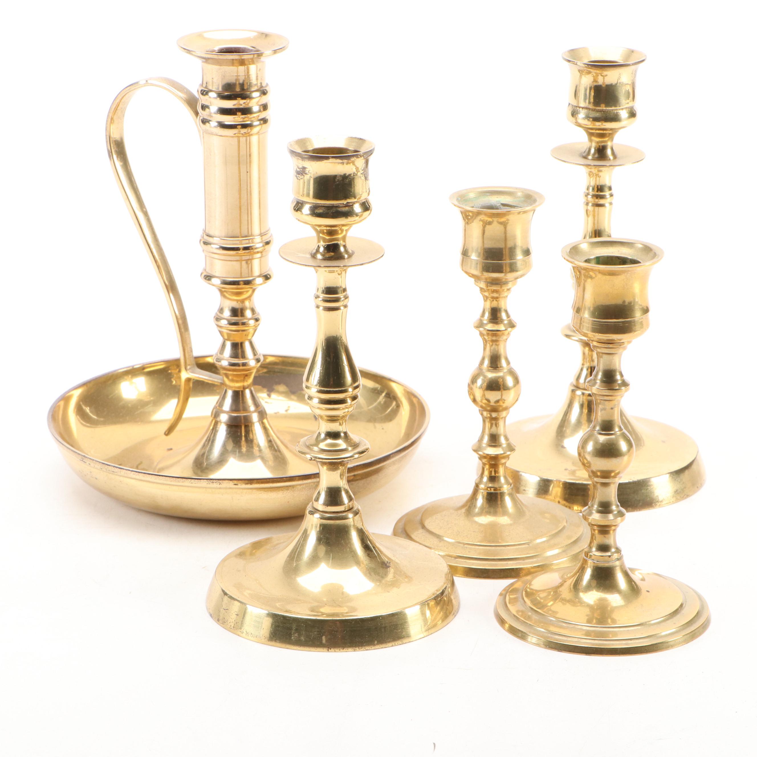 English Brass Candlesticks and Chamberstick