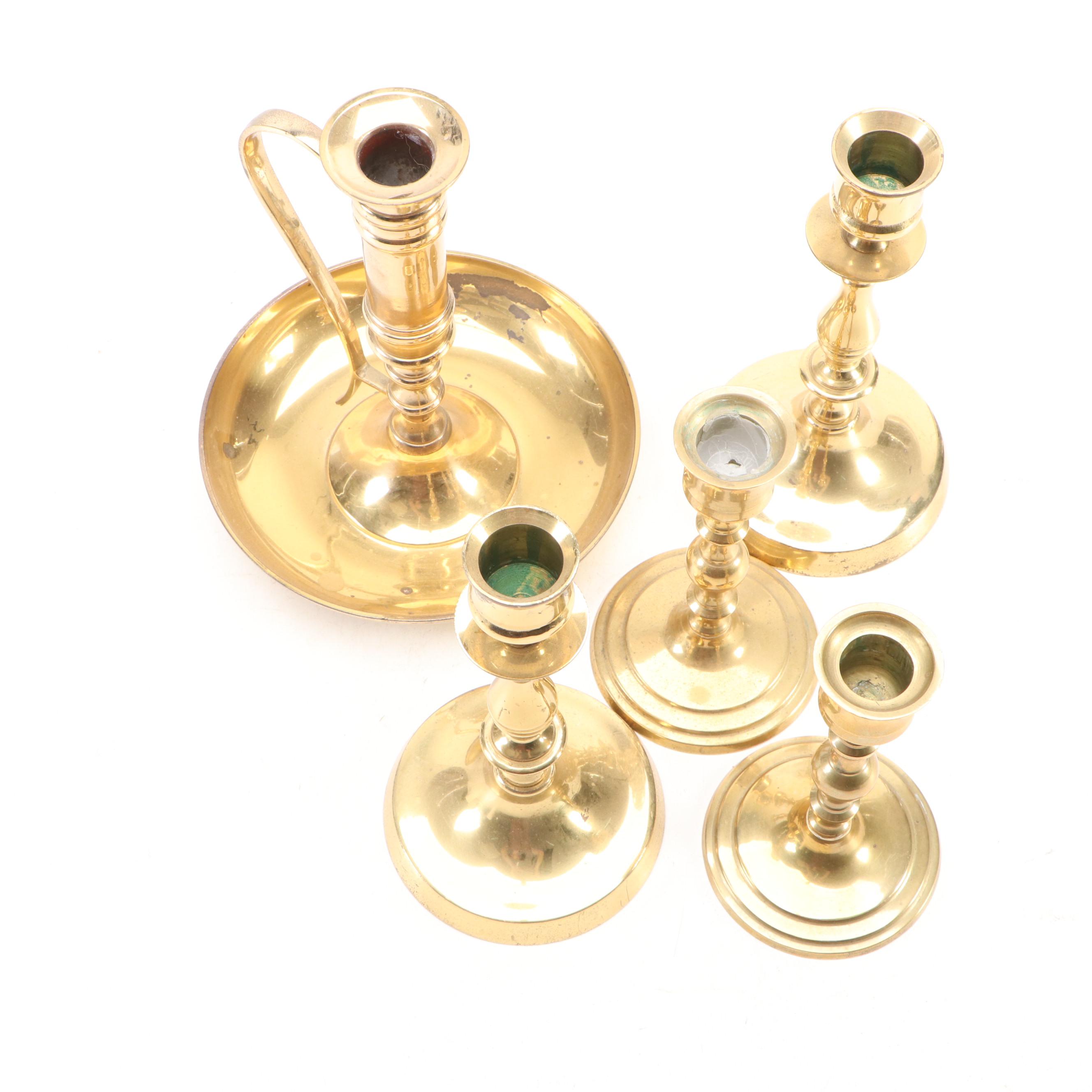 English Brass Candlesticks and Chamberstick