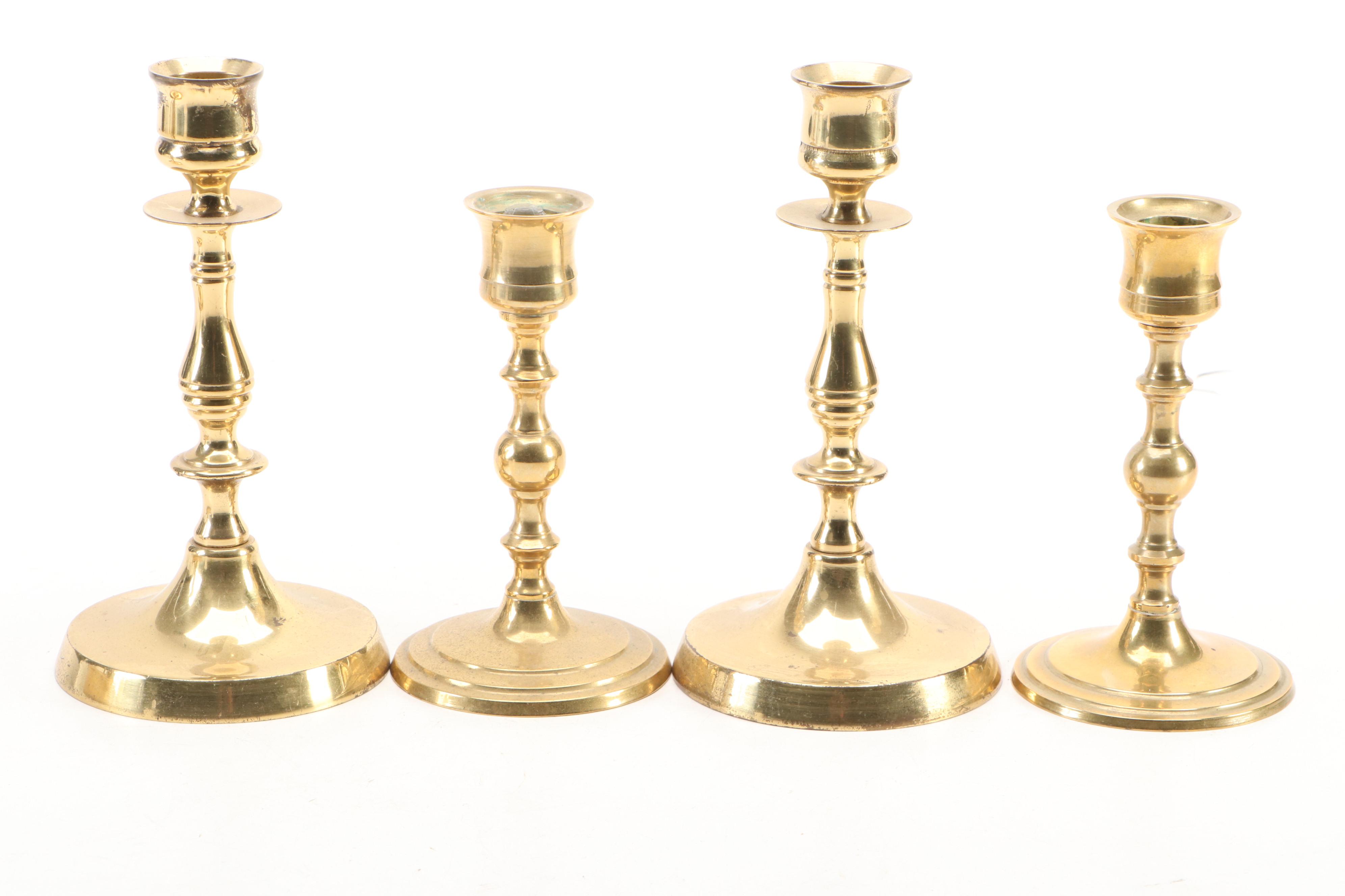 English Brass Candlesticks and Chamberstick