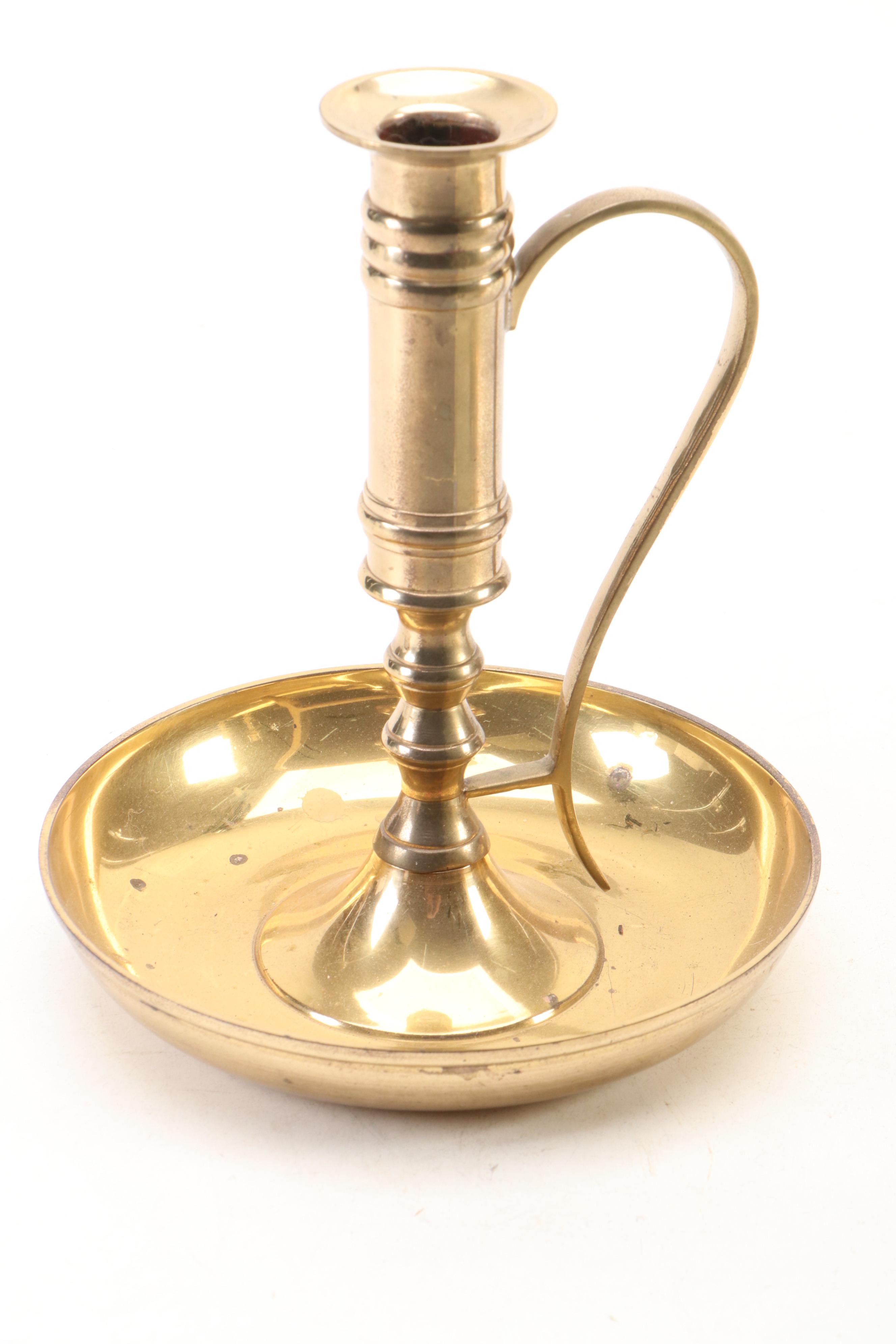 English Brass Candlesticks and Chamberstick