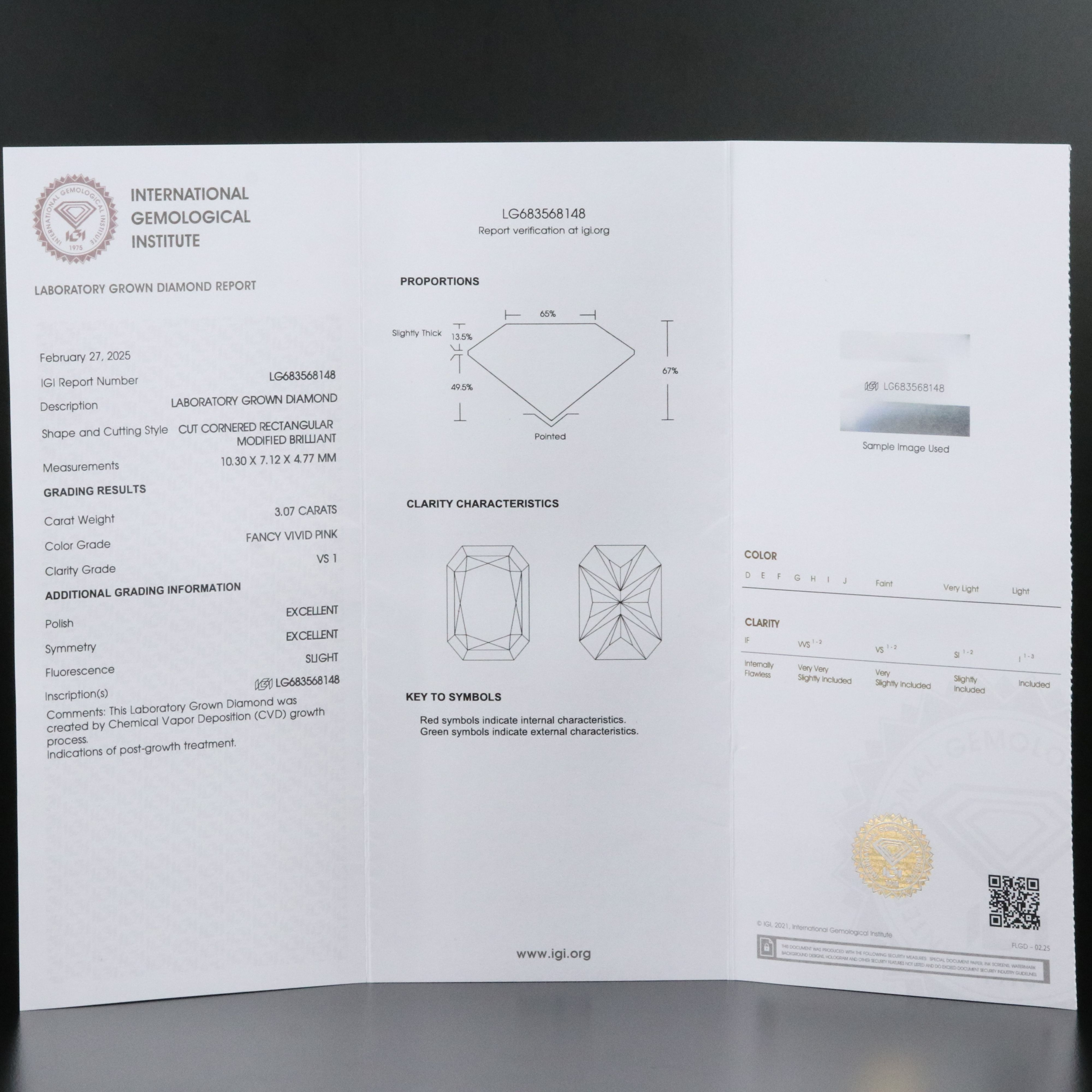 Loose 3.07 CT Lab Grown Fancy Pink Diamond with IGI Report