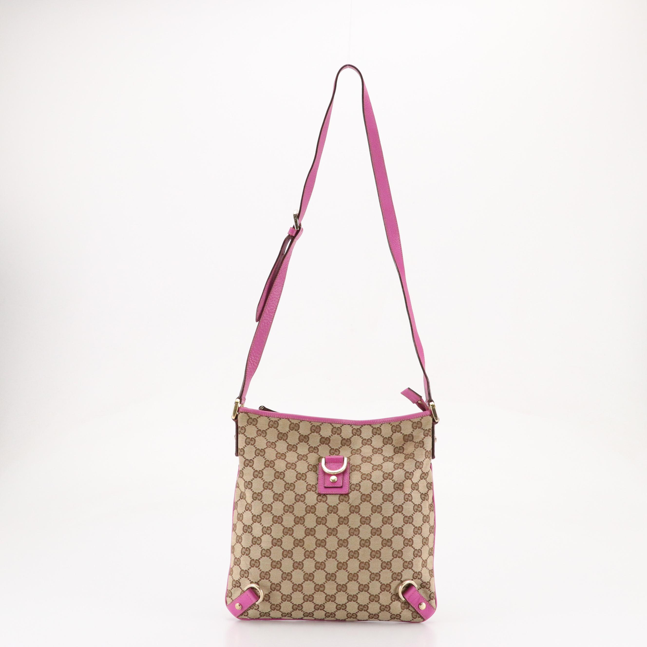 Gucci Abbey D-Ring Crossbody Bag in GG Canvas and Magenta Cinghiale Leather Trim