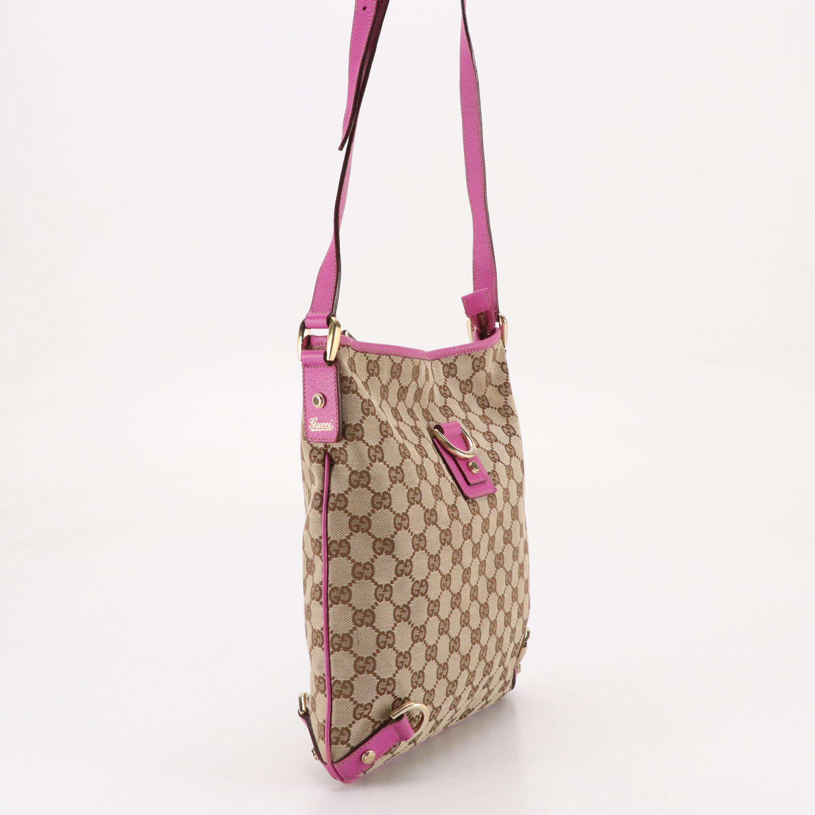 Gucci Abbey D-Ring Crossbody Bag in GG Canvas and Magenta Cinghiale Leather Trim