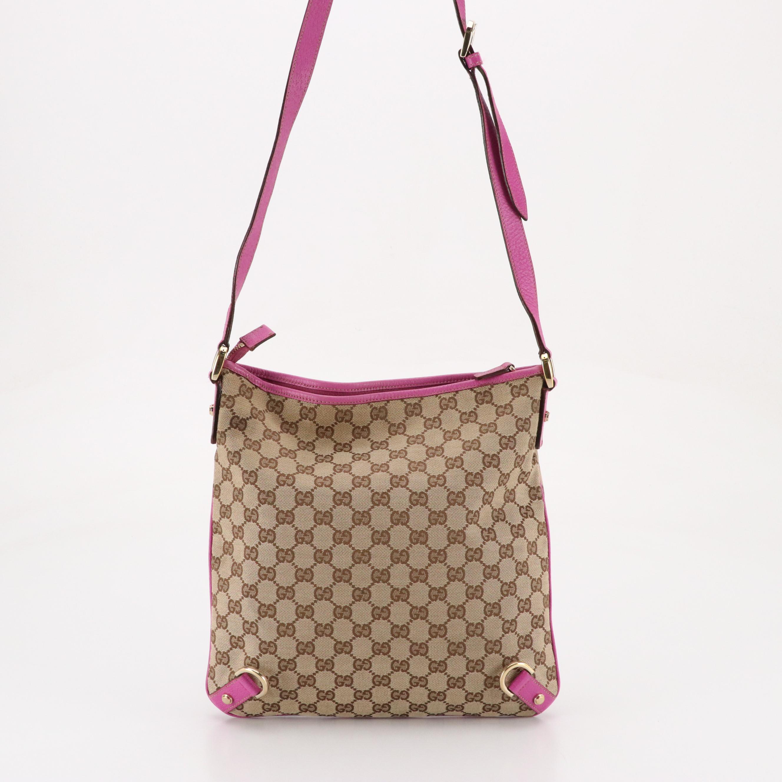 Gucci Abbey D-Ring Crossbody Bag in GG Canvas and Magenta Cinghiale Leather Trim