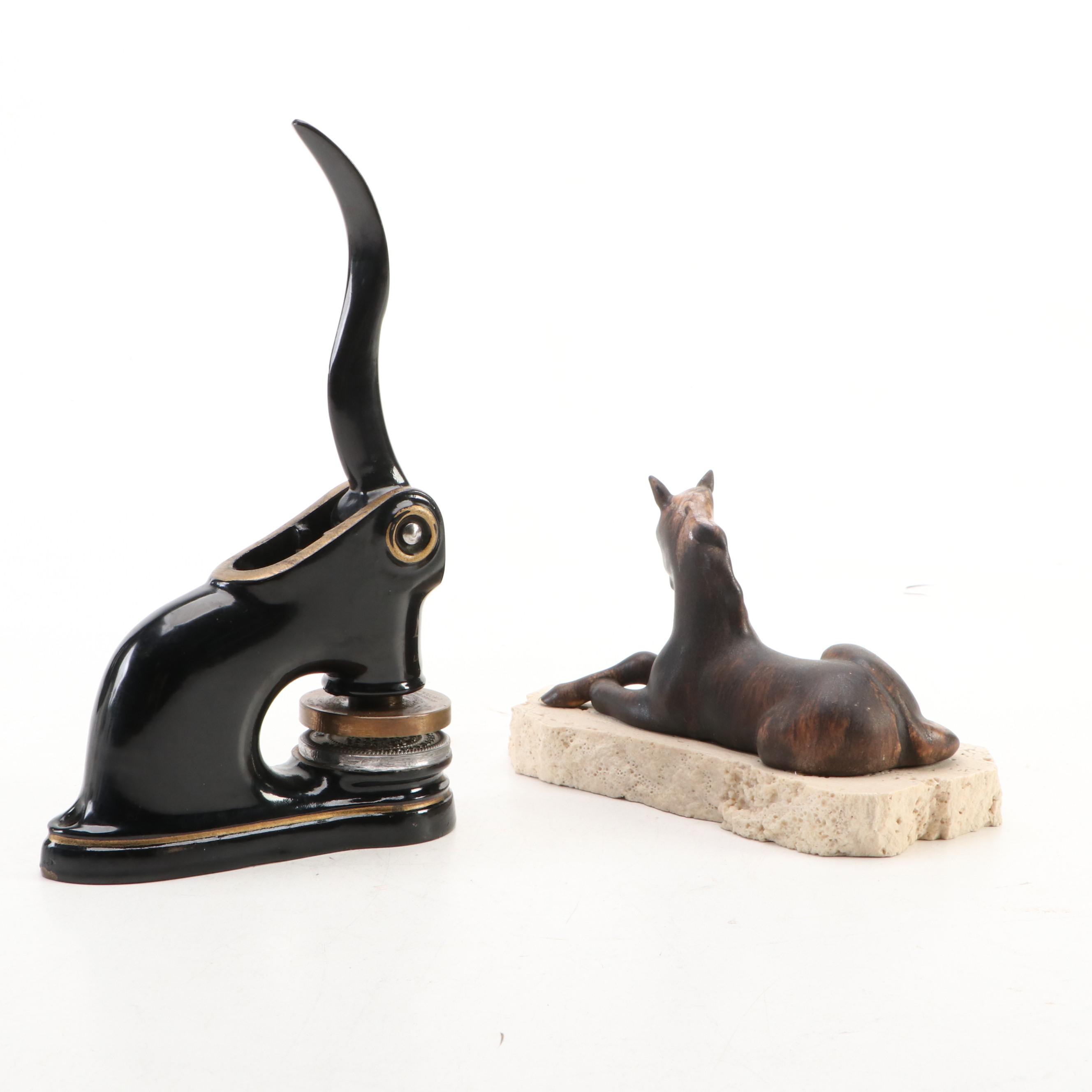 Cast Iron Seal Press with Air Academy Statapult, Obelisk Award, Foal Paperweight