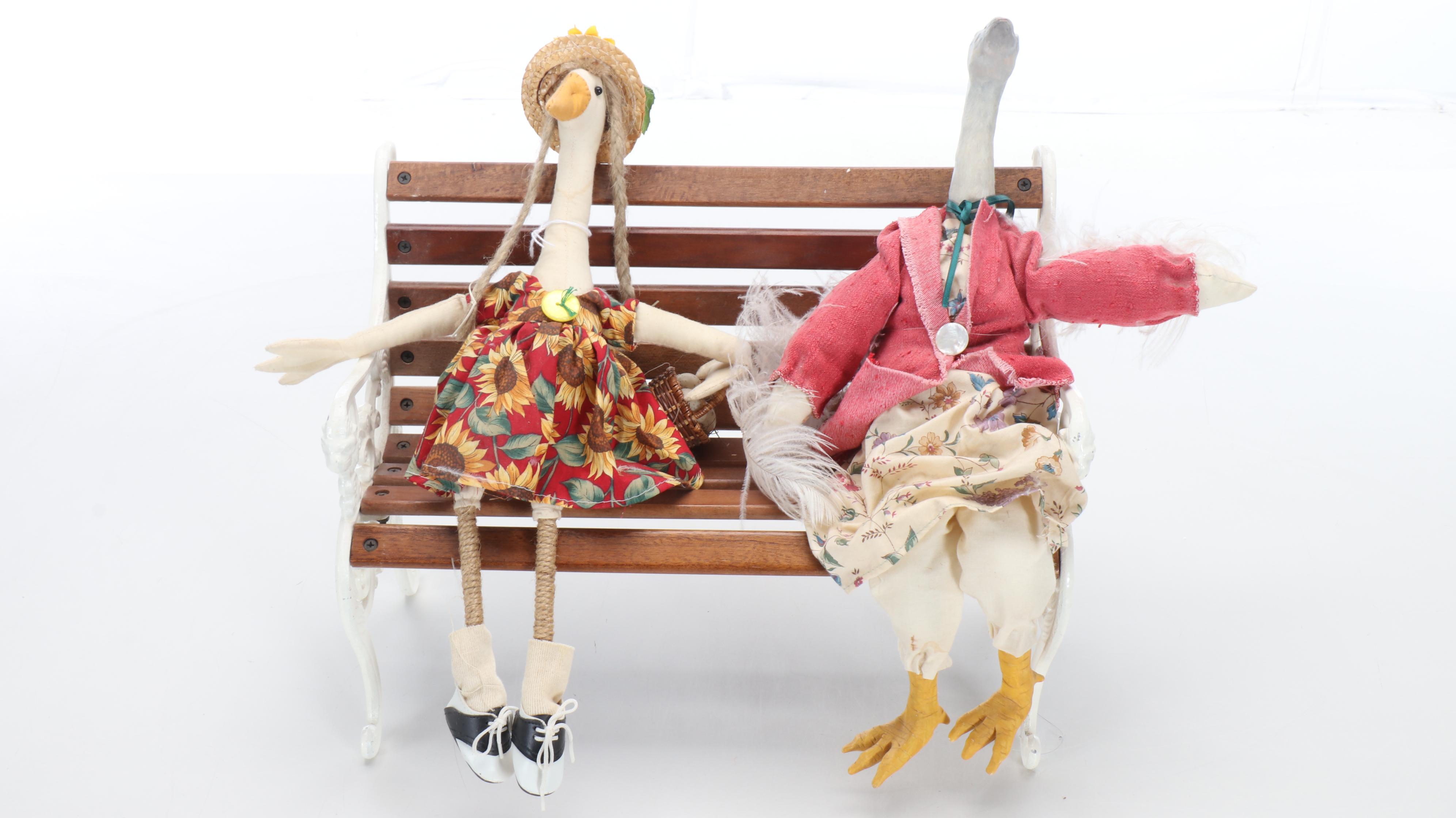 Artisan Anthropomorphic Goose Dolls with Victorian Style Doll Benches