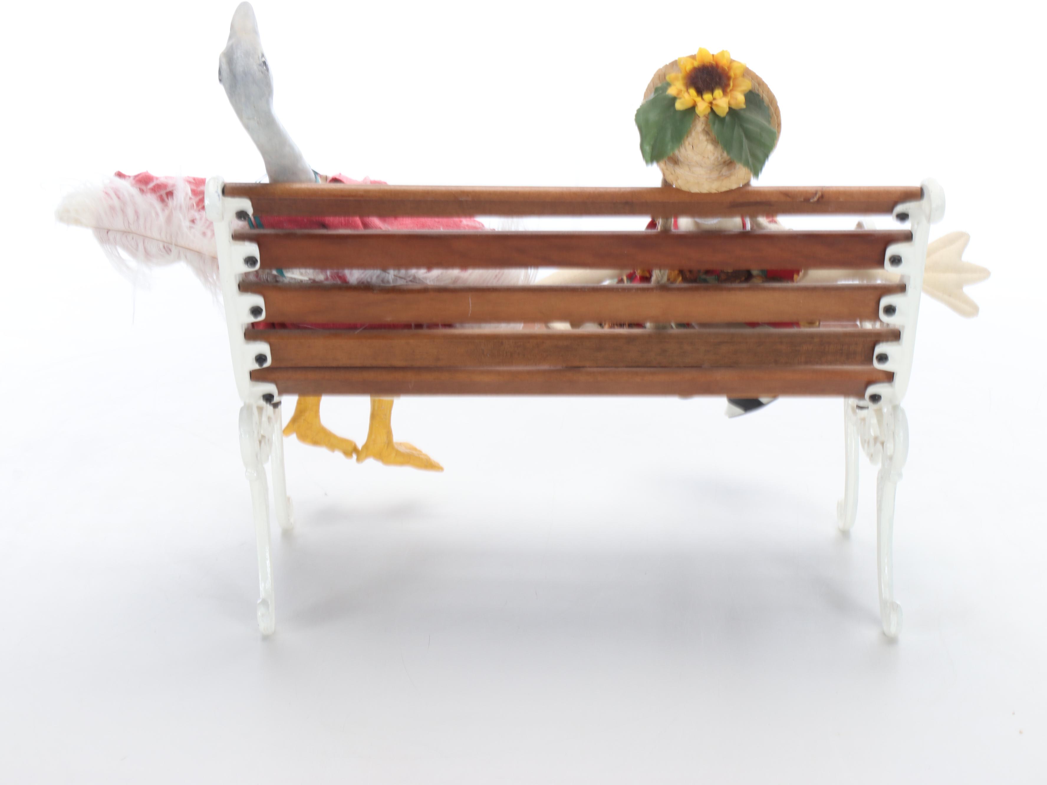 Artisan Anthropomorphic Goose Dolls with Victorian Style Doll Benches