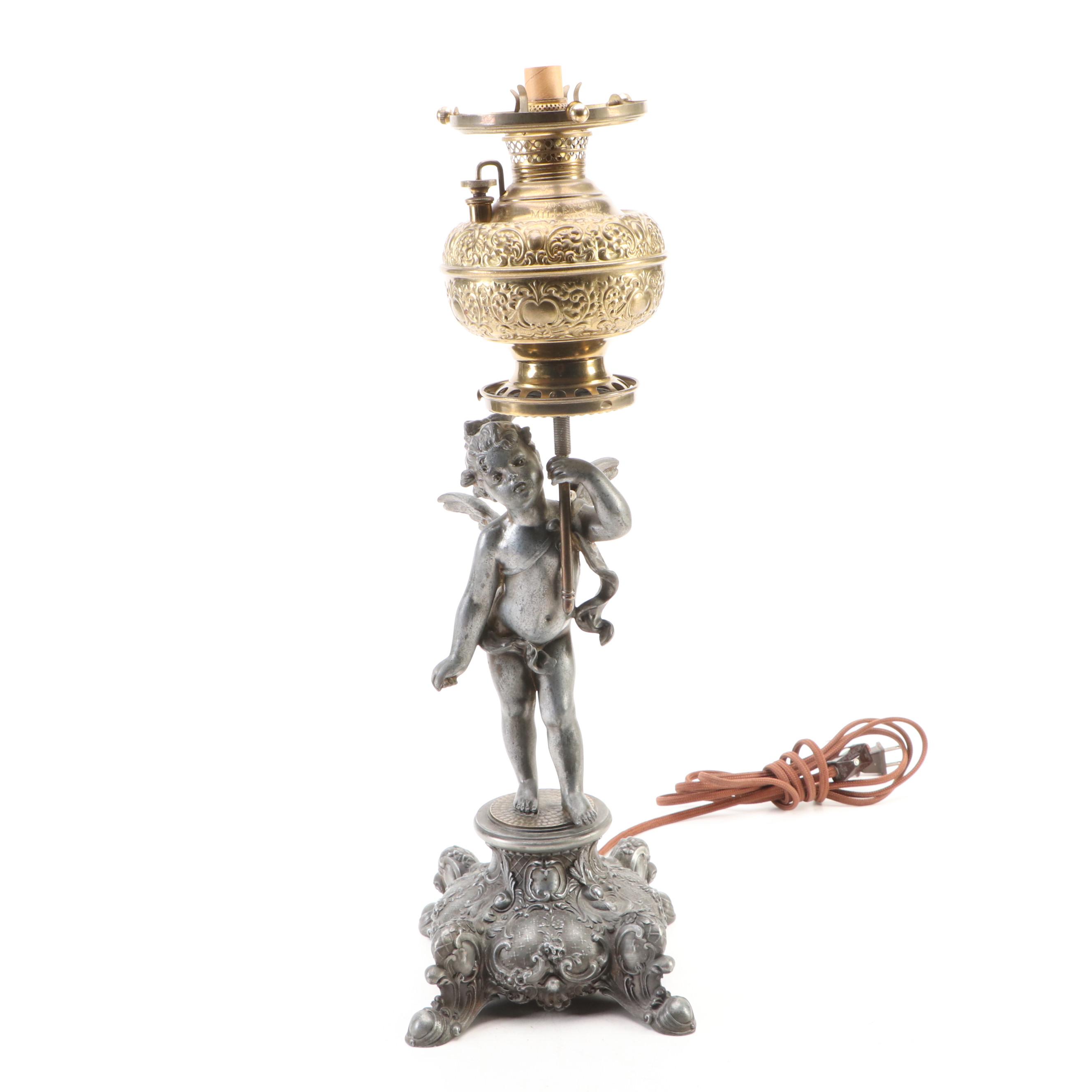 Victorian Miller Lamp Co. Banquet Oil Lamp with Ruffled Glass Shade, Adapted