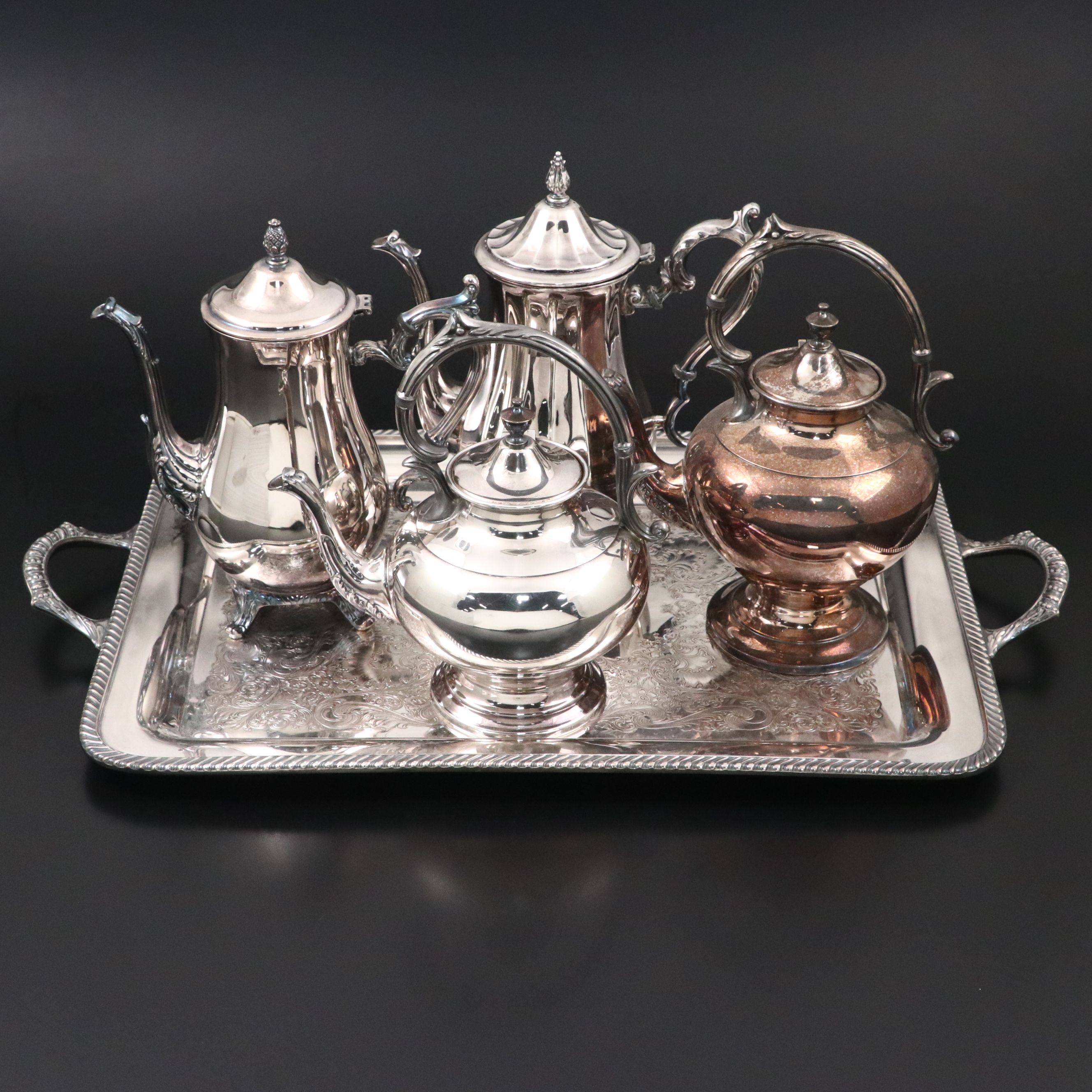 Rogers Silver Plate Serving Tray with Other Coffee and Teapots, Mid–Late 20th C.